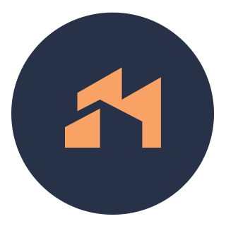 A dark circular background with an orange geometric logo resembling an abstract letter H.