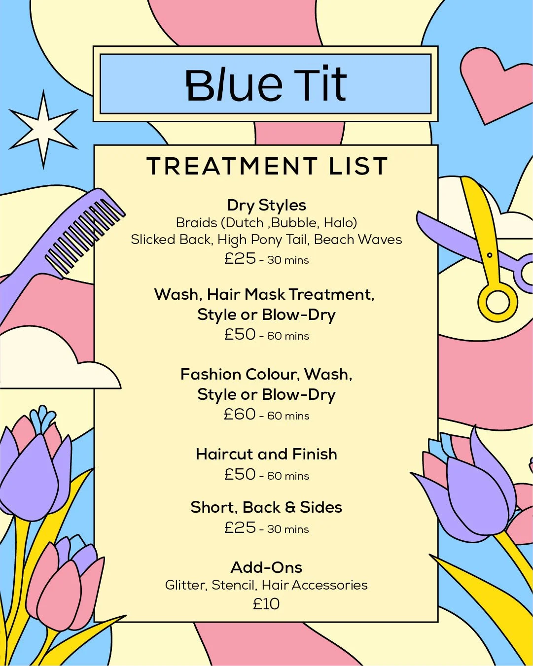 Blue Tit hair salon treatment list for El Dorado Festival 2022