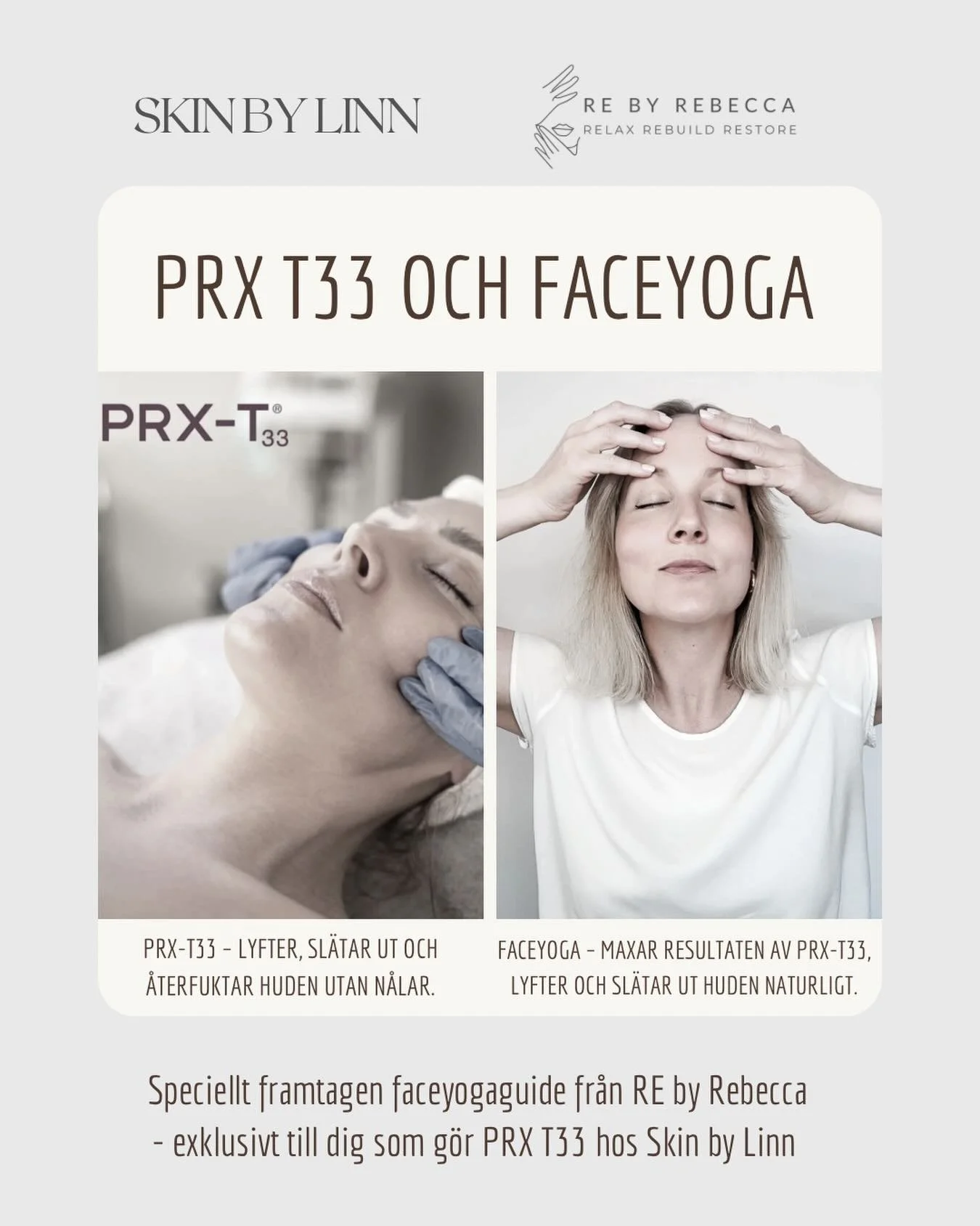 Skin by Linn x RE by Rebecca presenterar: 
✨PRX T33 + faceyoga = magisk kombination✨

PRX T33 &auml;r en effektiv behandling som jobbar med huden p&aring; djupet - helt utan n&aring;lar. Behandlingen kan du g&ouml;ra hos @skinbylinn som &auml;r en er