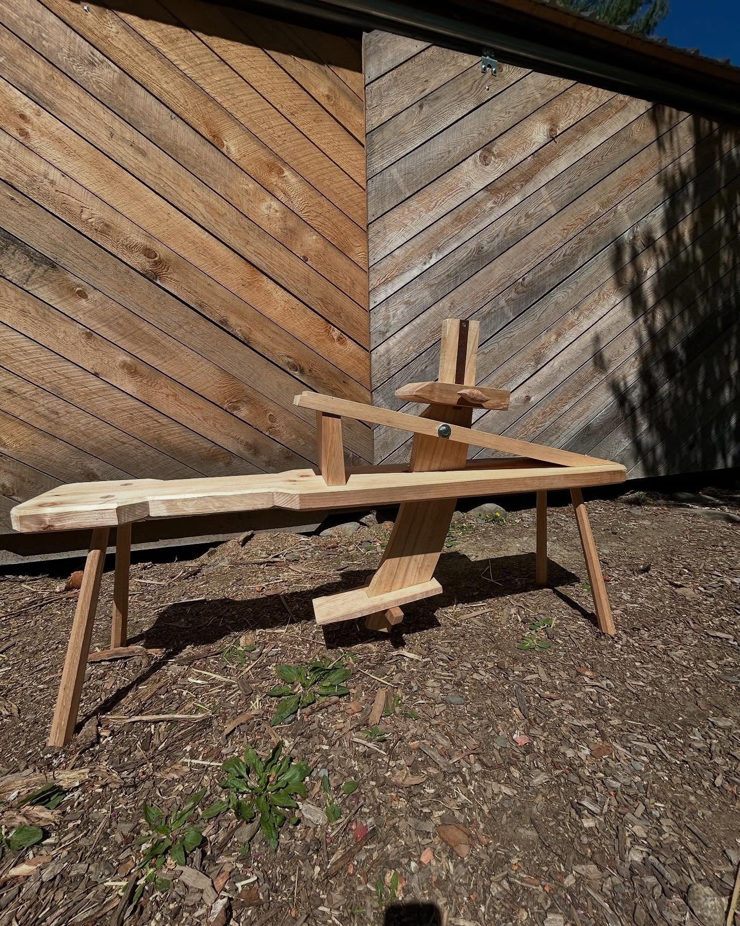 Enjoyed taking a class @mainecoastcraft. My new shave hoarse is a mix of woods, eastern white pine for the deck and ramp, cherry for the riser block, yellow birch for the dumb head, ash for the swing arm, red oak for the legs and treadle pedal. Finis