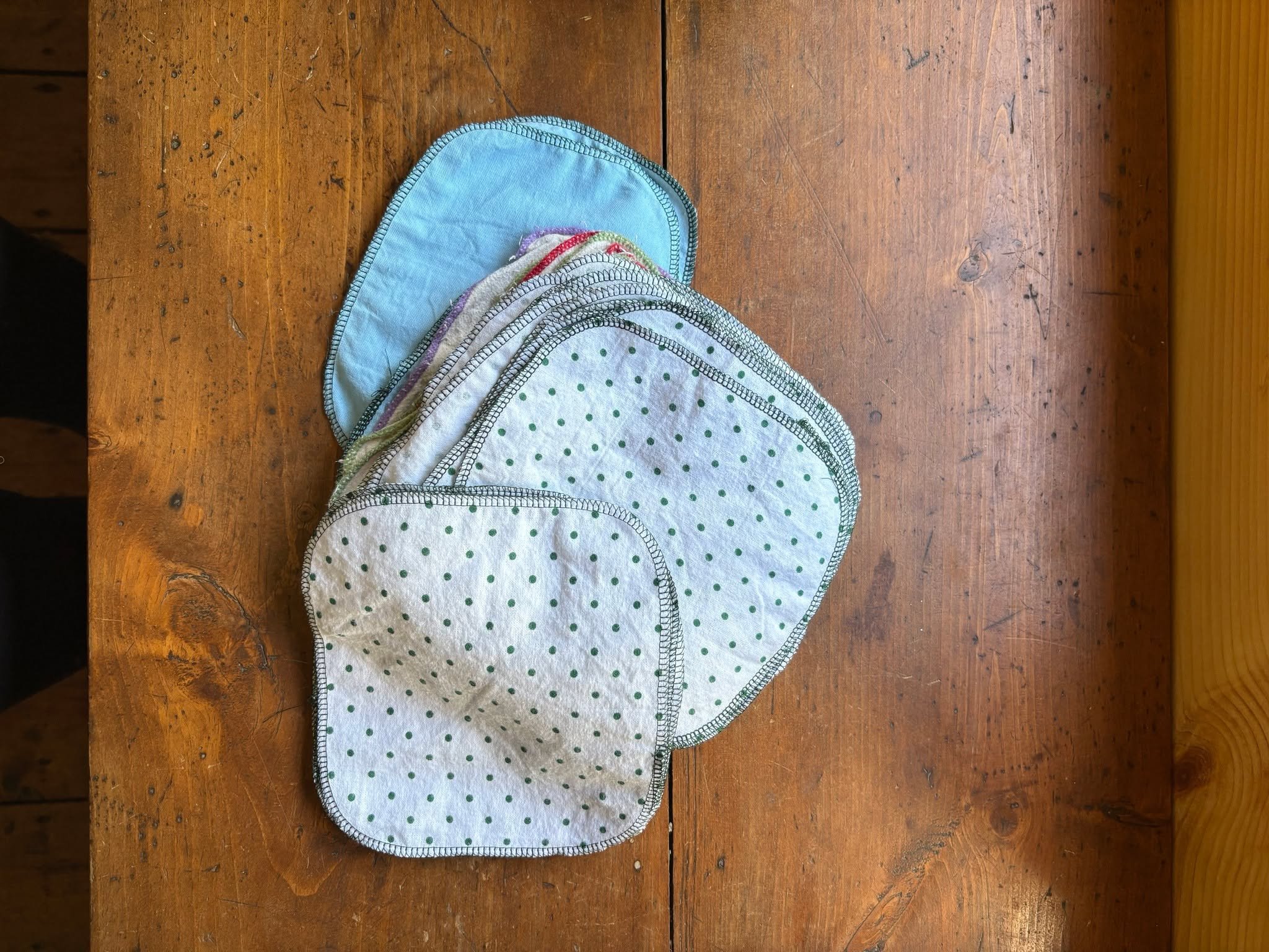 Soooo many washable wipes quickly made up on the serger from old flannel pajamas, sheets, etc!