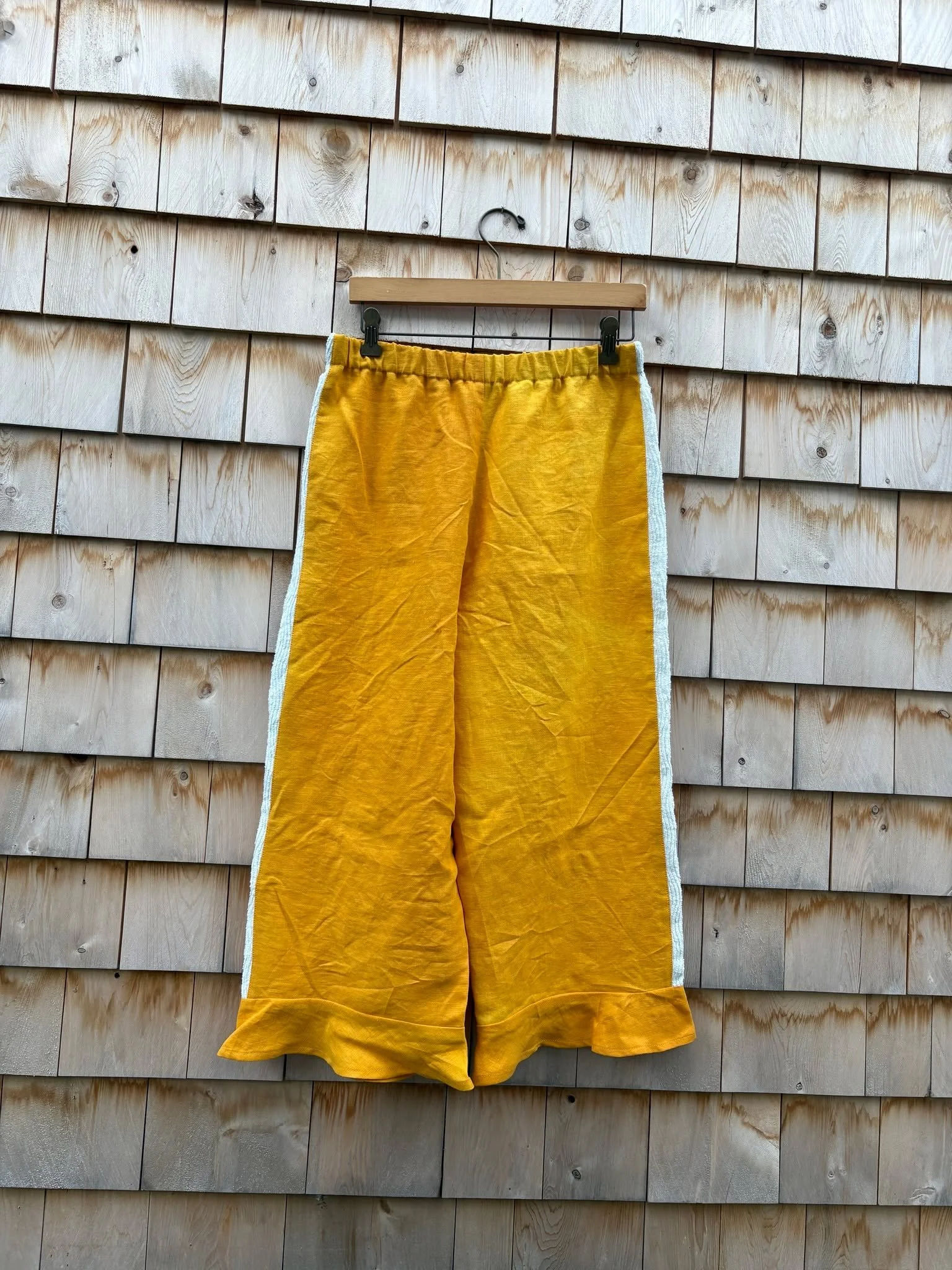 These fun pants are from a pattern I drafted based on someone's favorite flax brand pants. I definitely took a retro-workout pant spin on this one. I added the stripe down the side because I accidentally cut the pattern without the seam allowance. I 