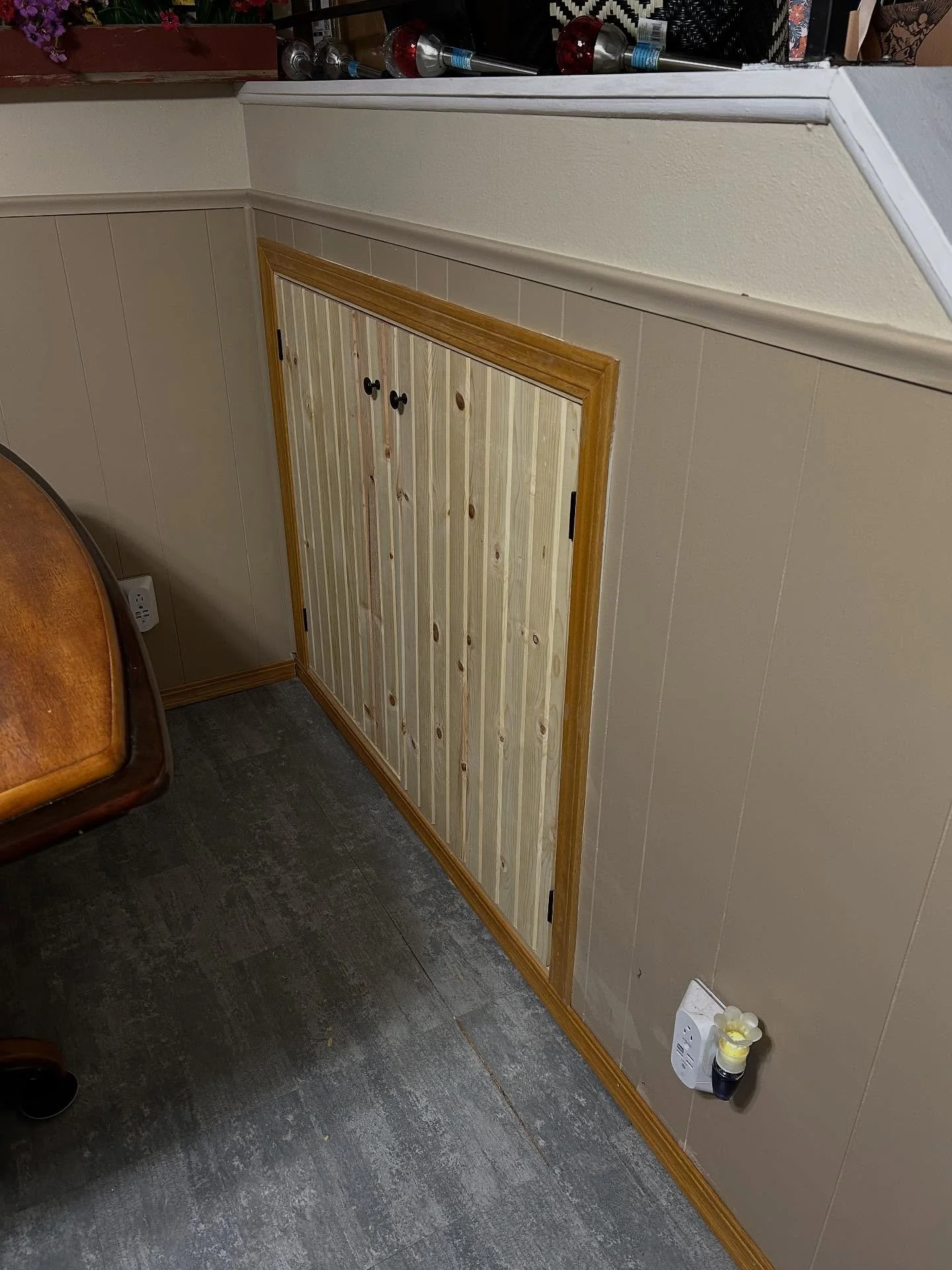 A  travalin&rsquo; project when I visited my family. Some board and batten doors in bead board for a storage area under their stairs. Especially fun because of the lack of tools and a super quick turn around amidst the traveling.