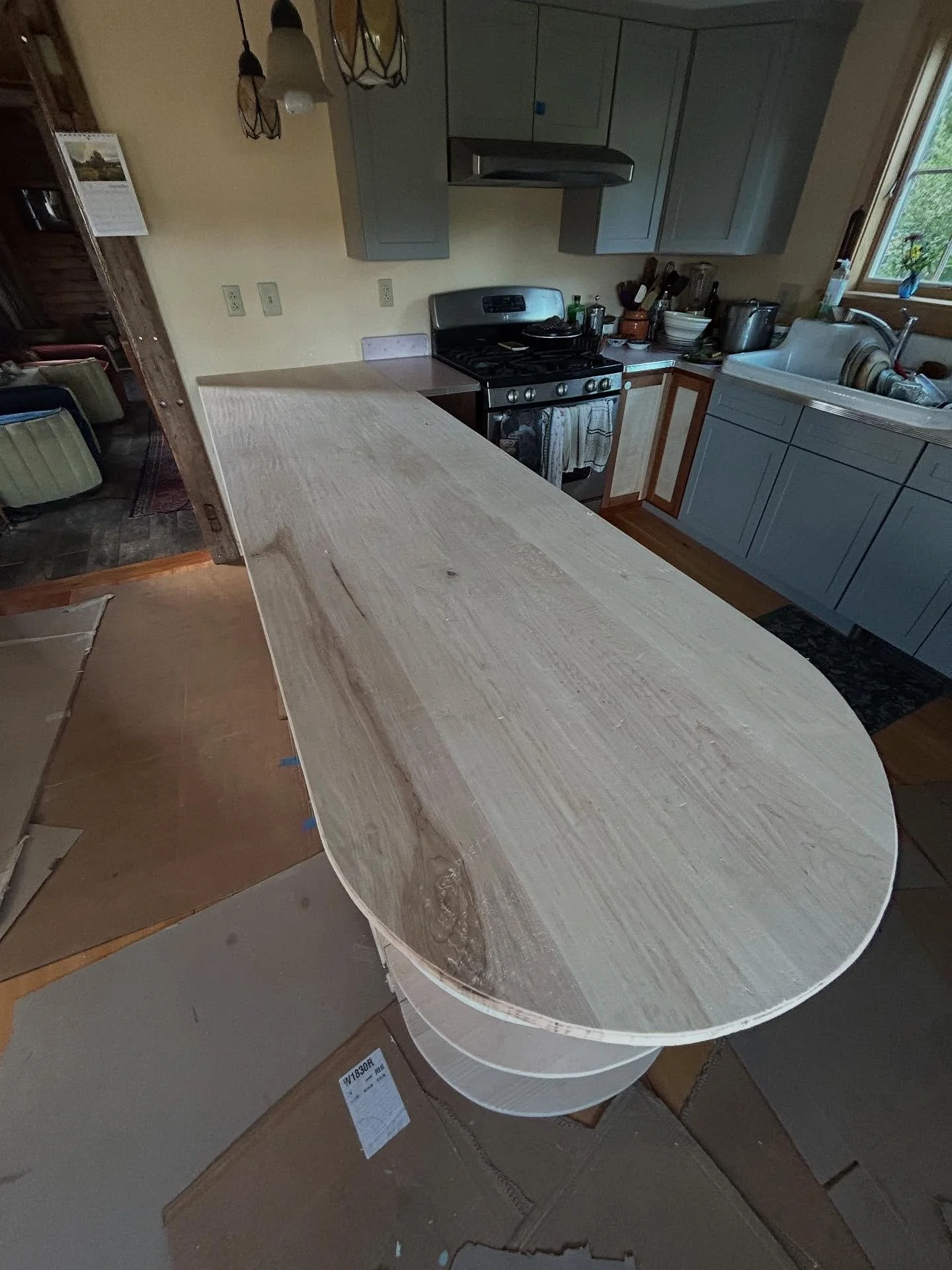 Dreams do come true, if you dream long enough&hellip; Custom 9ft long peninsula with scrub planed maple counter top, eastern white pine bead board, and vintage/salvage/antique drawers. To be finished by customer with some fun colors and techniques.