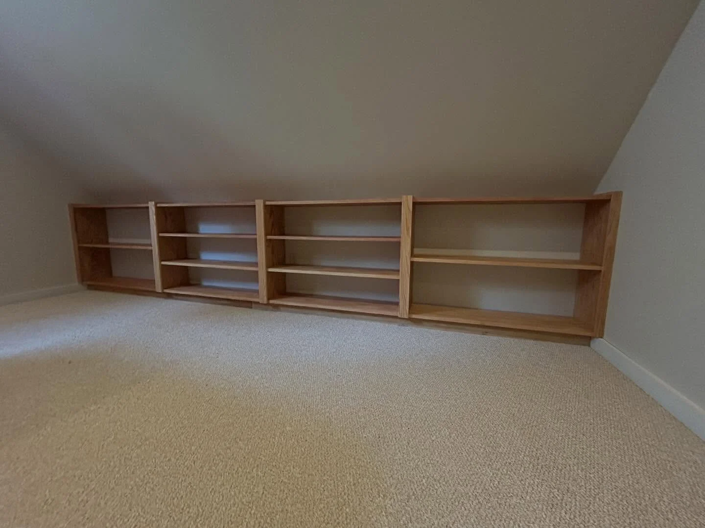 This was a fun one! ~28 lnft of book cases and a wall mount case. All solid red oak, no ply wood or fake materials around here. Finished in polymerized linseed oil with no VOCs. Hopefully there will be many books that find new homes!