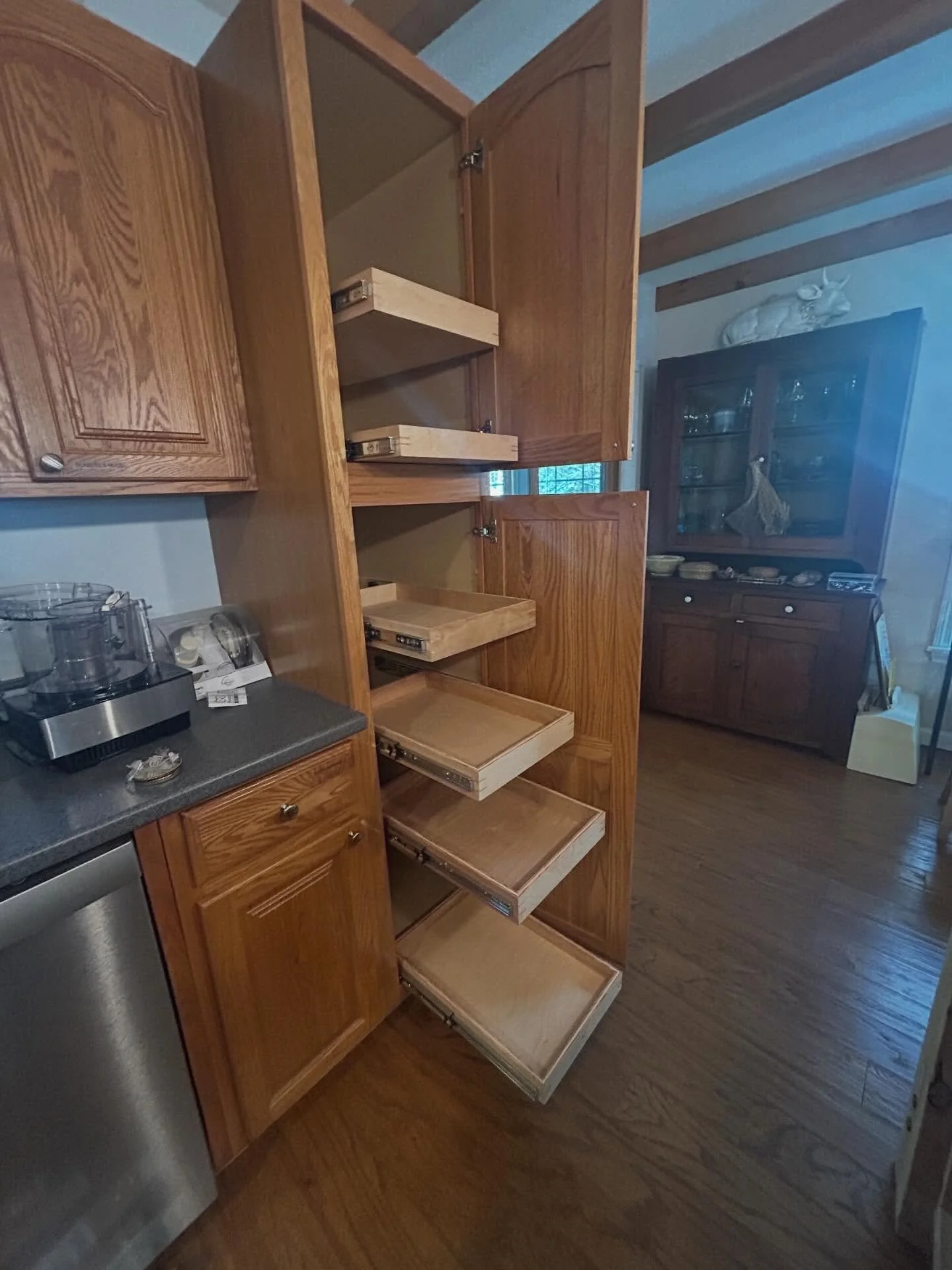 Sometimes kitchens are made and just not fully thought out but you always have the opportunity to improve at a later date. These are some functional drawers that were made to fit inside an existing pantry cabinet. Mitered birch ply with red oak splin