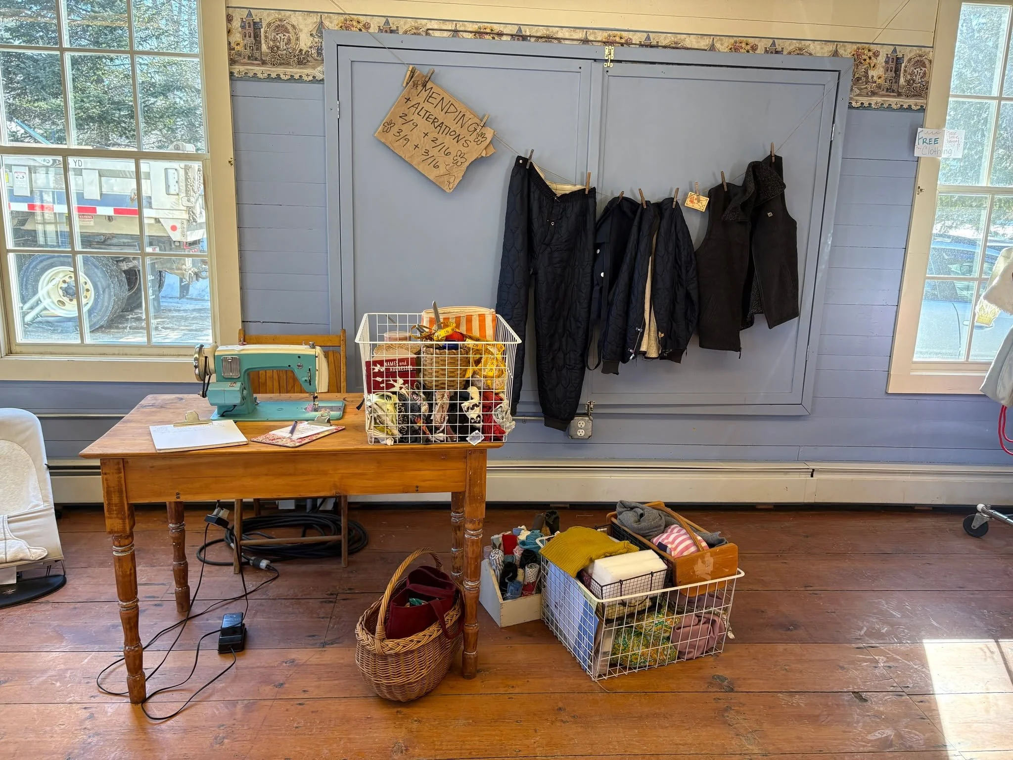 Morrill Cafe. The 2nd and 3rd Mondays of the month from 9-1. I do mends on site and take projects home.