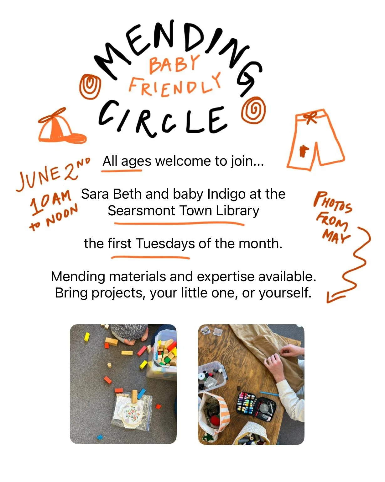 Time to get in a circle and mend! First Tuesdays of the month starting in June, join us at the Searsmont Town Library on Main Street, 10am-12pm. Bring your kids, your friends, your clothes, your supplies. No experience necessary. Help available. Let'