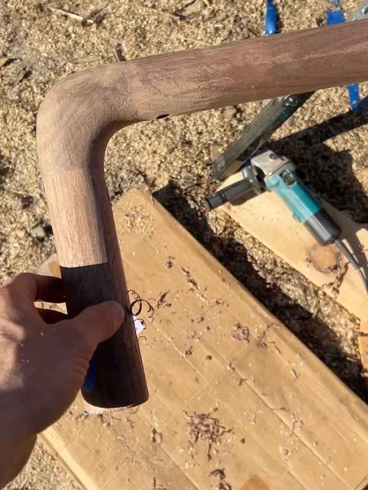 Walnut hand rail shaping. Everything is free hand ground with angle grinder flap disk and then rasps and files to finish to 180 grit sand paper&hellip; a beautiful day to get some sun and smell some walnut.
