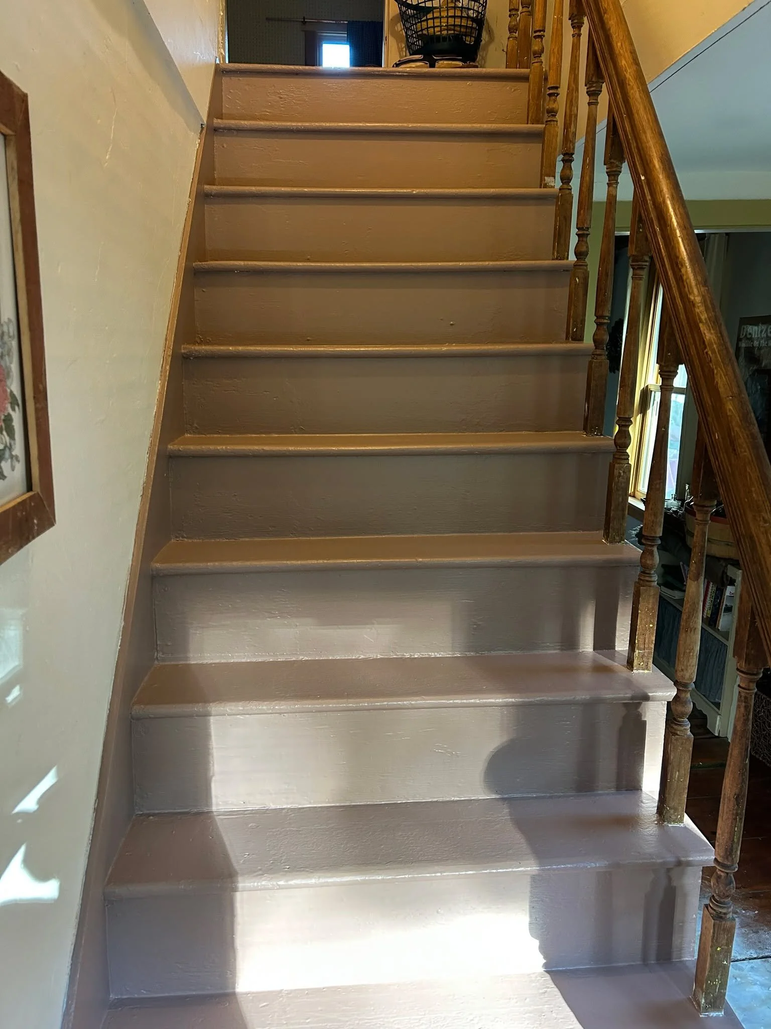 Our farmhouse has steep stairs and lead paint. Stairs are prone to getting knicks and scratches. We thought about demoing them and rebuilding last fall right before our baby was born. We decided to hold off. Daniel was able to do a thorough paint job