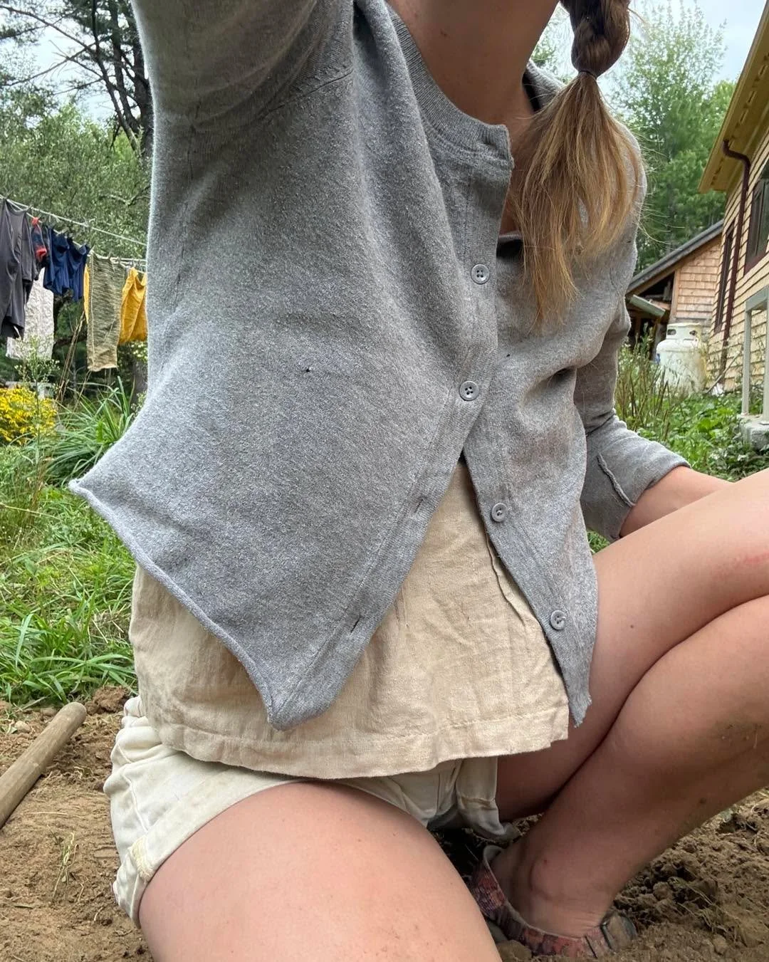 Mends and alterations today.... 

The cardigan I chopped the bottom right off. No measurements necessary. 

The tank top was a dress from Austin TX, I dyed it with onion skins (when it still was a dress). And then eventually made it into a fav tank t