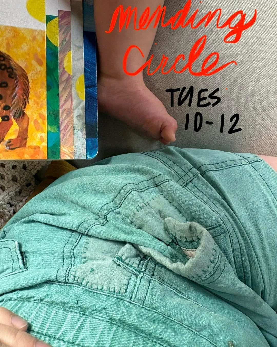 At the Searsmont town library. Join Sara Beth and baby Indigo at the library the first Tuesdays of the month from 10 to noon. 

You can work on your own mending projects. Or Sara Beth can help you with free materials. 

See you tomorrow 🌟