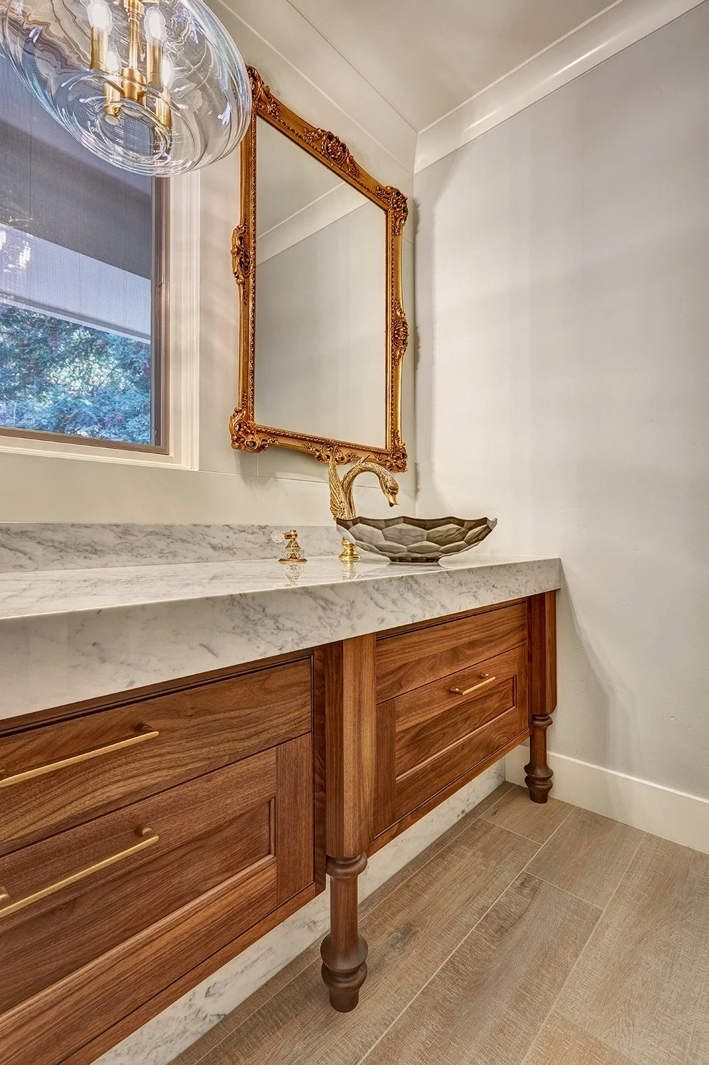Whole home remodel, wood open legwork cabinet vanity, powder bath, glass vessel sink, swan faucet