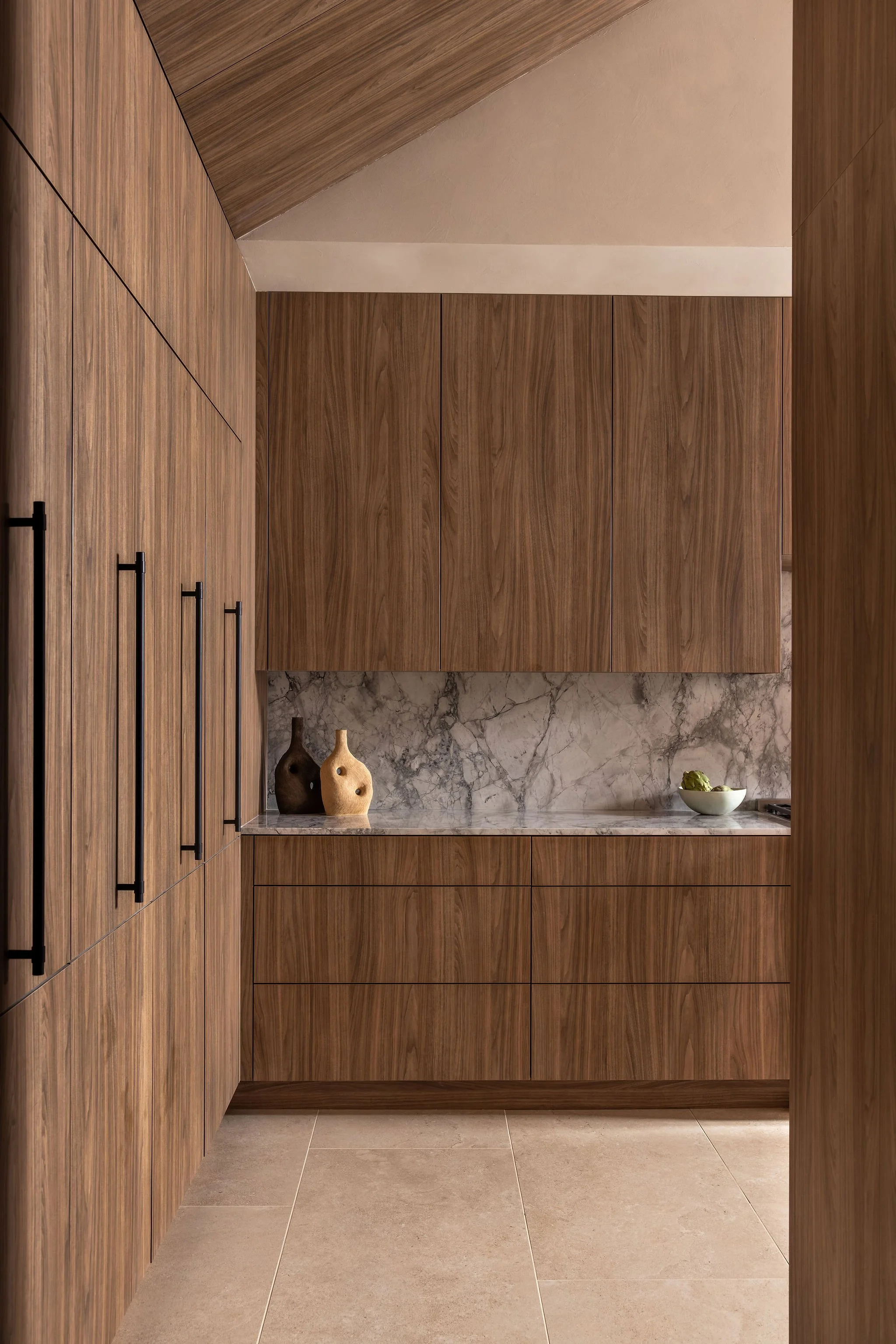 Modern full back kitchen with full height cabinet panels and tall pantry pull out cabinets