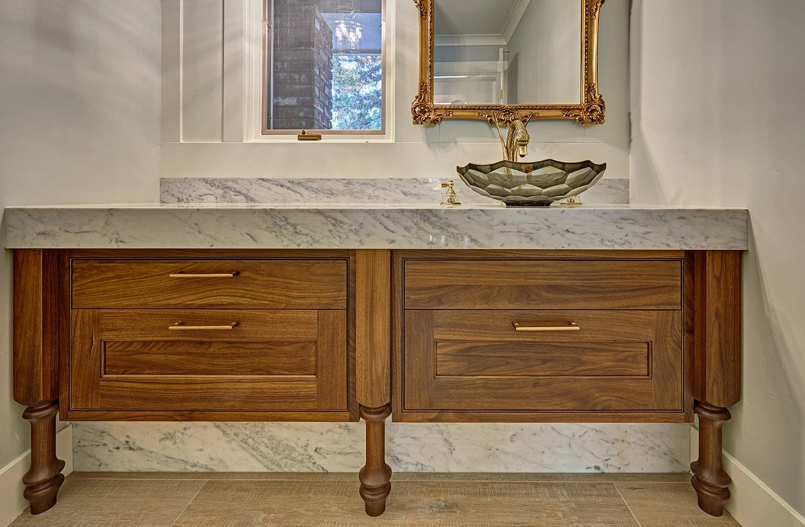 Whole home remodel, wood open legwork cabinet vanity, powder bath, glass vessel sink, swan faucet