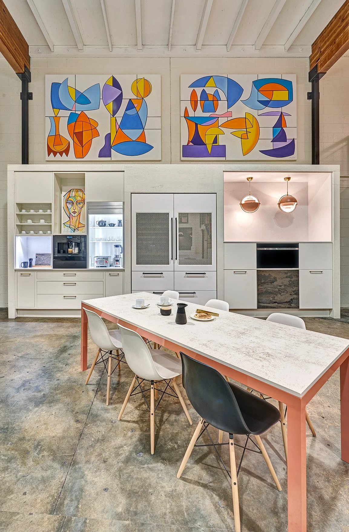 Interior design firm, showroom kitchen, European cabinetry, large beams, Sub-Zero, Wolf + appliances, The Galley workstation, appliance garage