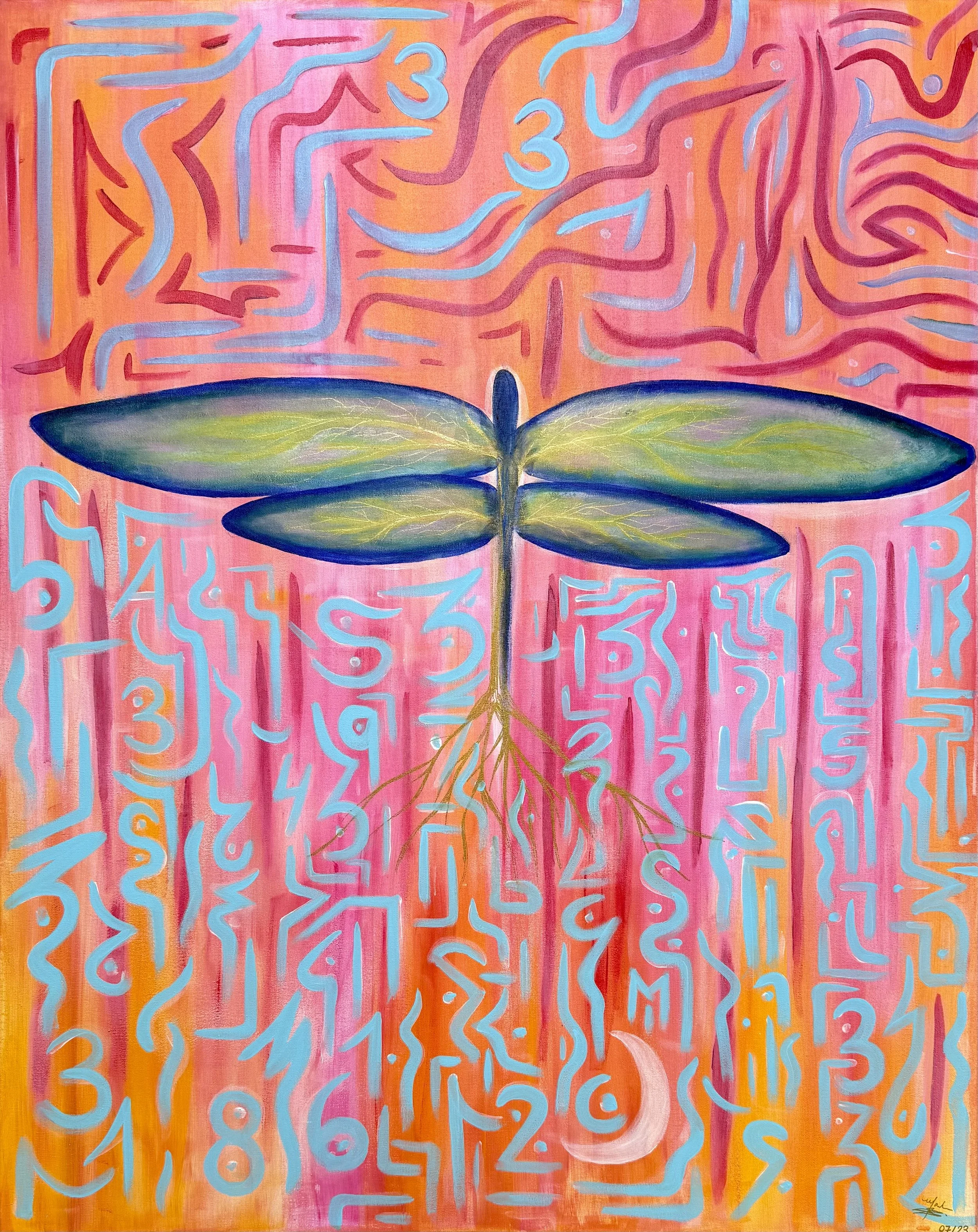 Dragonfly 33 (2023)- Manuela Rivas Novo. 
Abstract painting of a dragonfly with numbers and symbols on a colorful background. Number