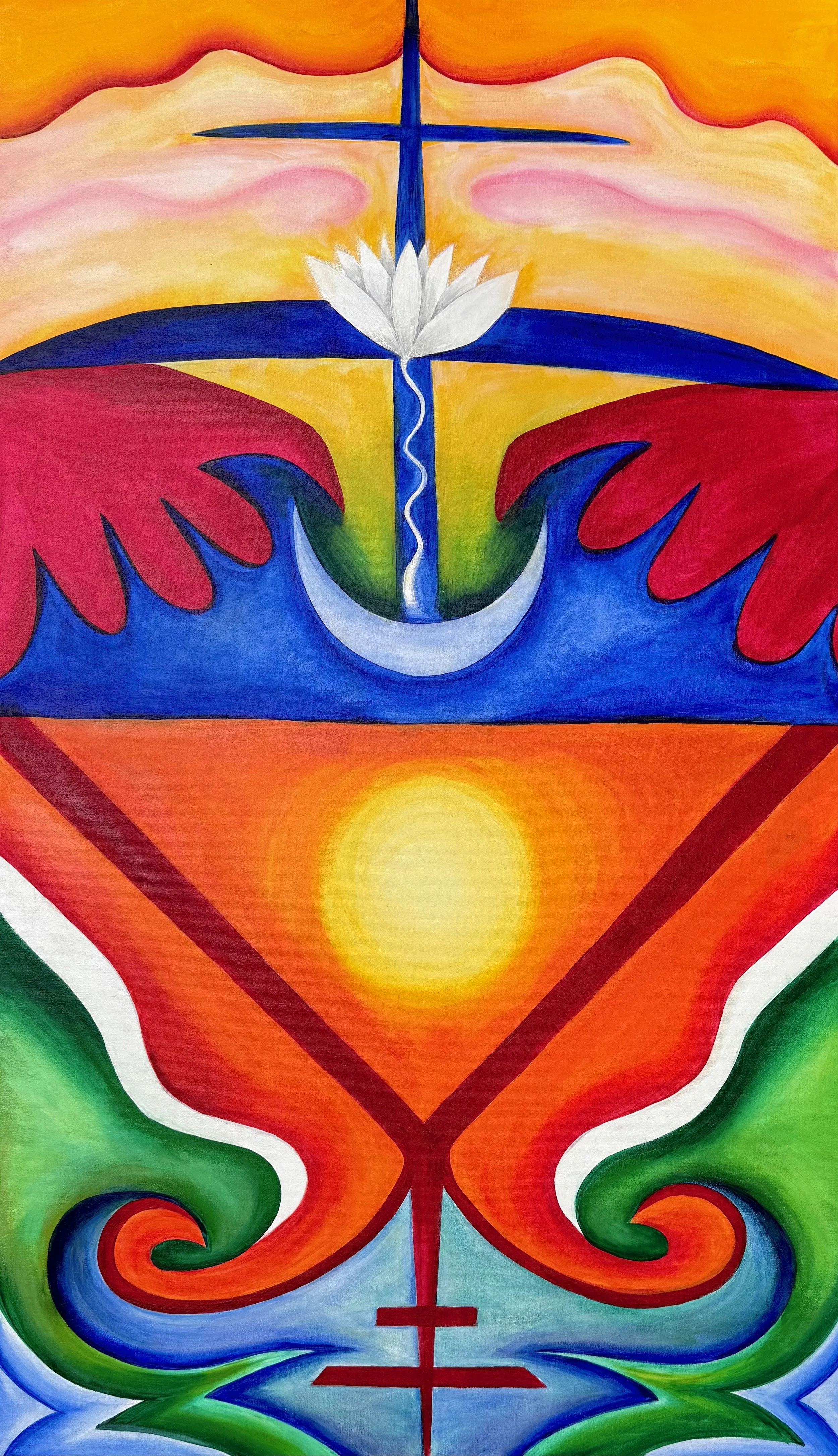 After Life (2025)- Manuela Rivas Novo. 
Abstract painting featuring a cross, lotus flower, crescent moon, and sun with vibrant red, blue, green, orange, and yellow patterns.