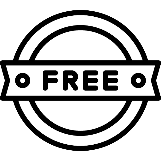 Black and white badge with the word 'FREE' inside a ribbon across a circular border.