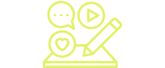 Icons of a chat bubble, play button, heart, and pencil, representing communication, media, affection, and writing.