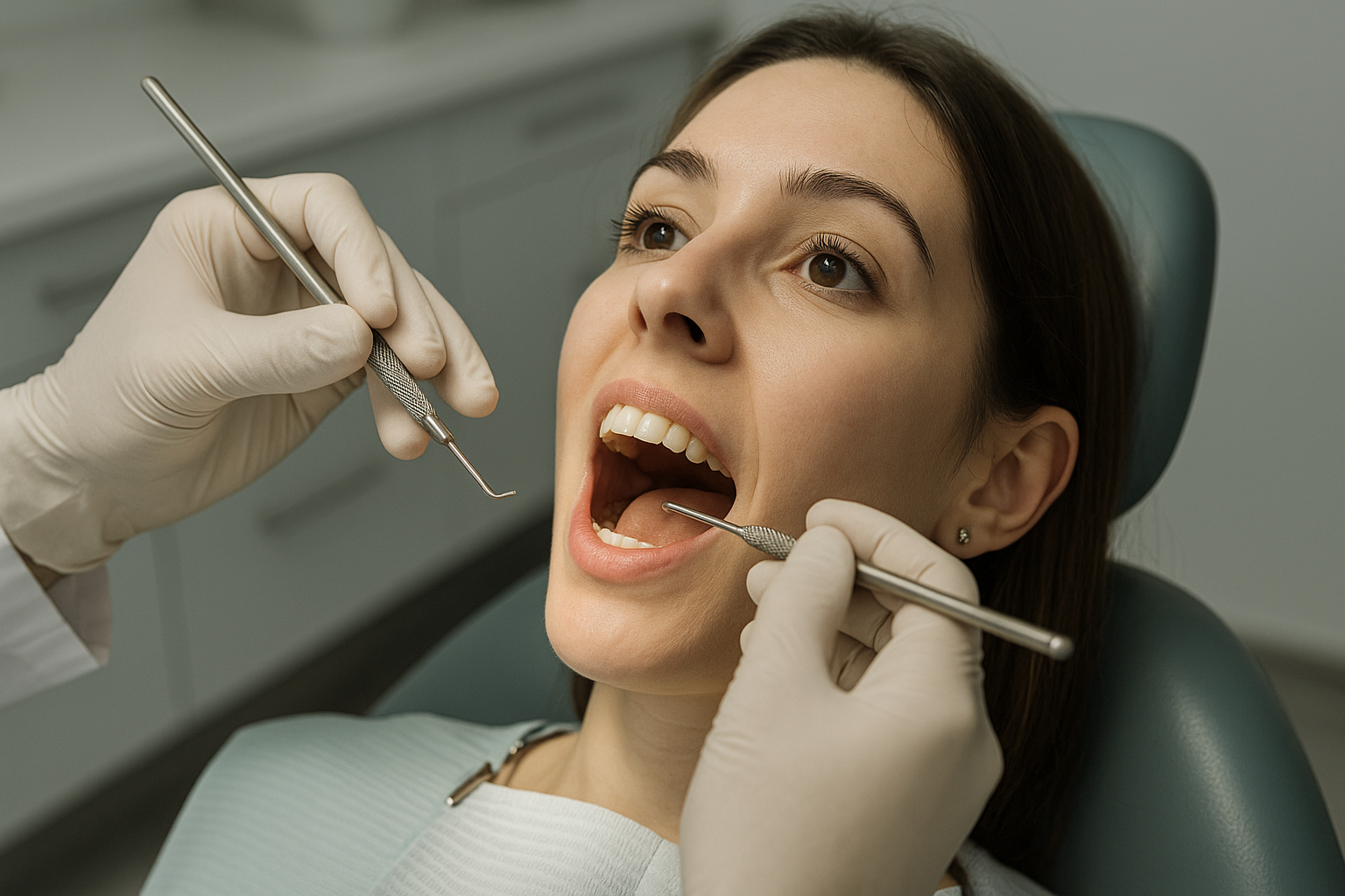A woman at the dentist's office with her mouth open while a dentist examines her teeth.