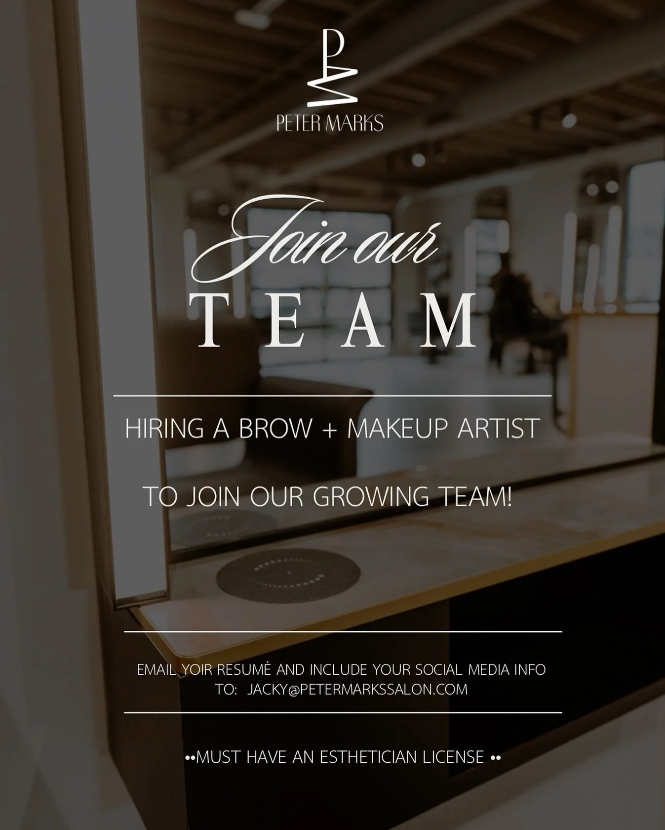 We&rsquo;re looking for an incredible brow + makeup artist to join the Peter Marks team! 💄 🪞