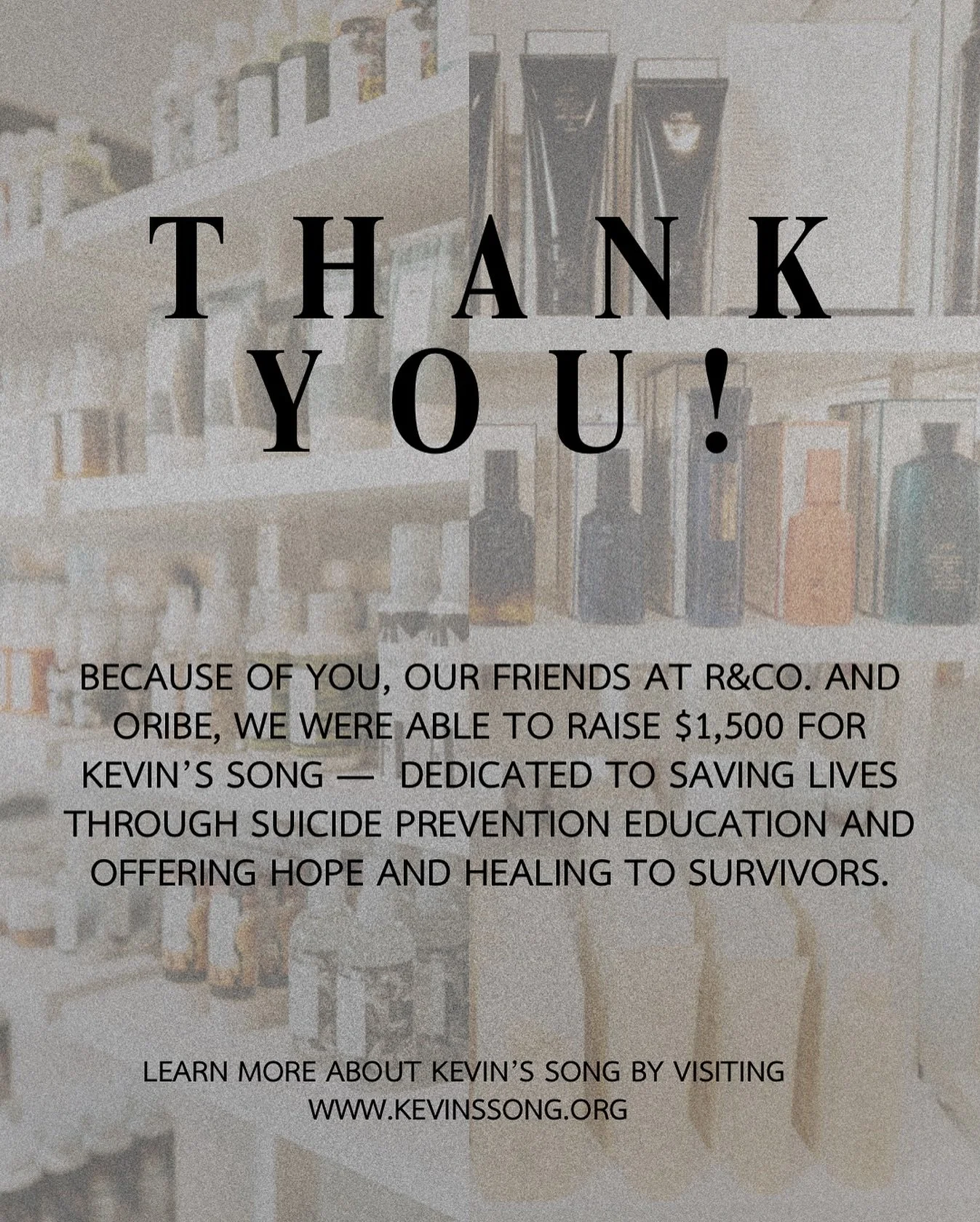 In September, we pledged to donate 10% of our caf&eacute; and retail sales to @kevins_song -  a foundation dedicated to saving lives through suicide prevention education and offering hope and healing to survivors.

We are so thankful to all of you, a