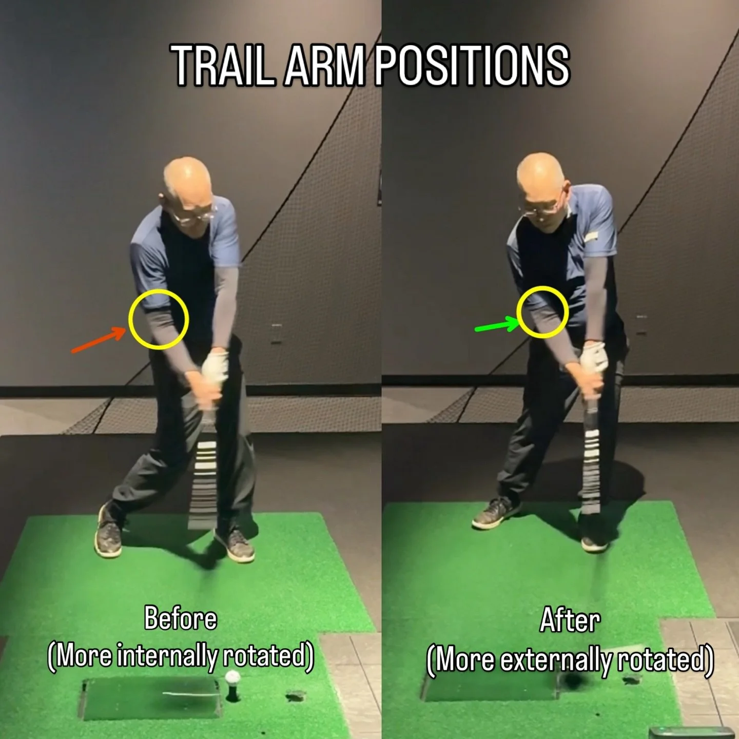 The trail arm&rsquo;s conditions around impact can create VERY different results for golfers, and is often overlooked as a opportunity to improve. 

Notice in the &ldquo;before&rdquo; swing how the &ldquo;cup&rdquo; of the student&rsquo;s elbow is po