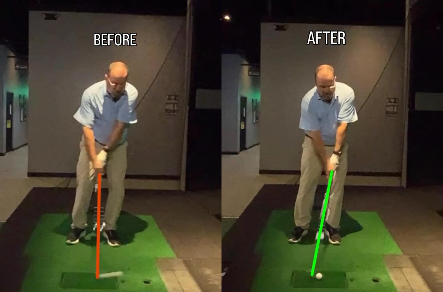 A pretty before/after for new student Stan! Amazing what introducing a system can do to help organize the movements of a golf swing to help someone in just a few short minutes. What cues do you think were used to help get Stan&rsquo;s impact position