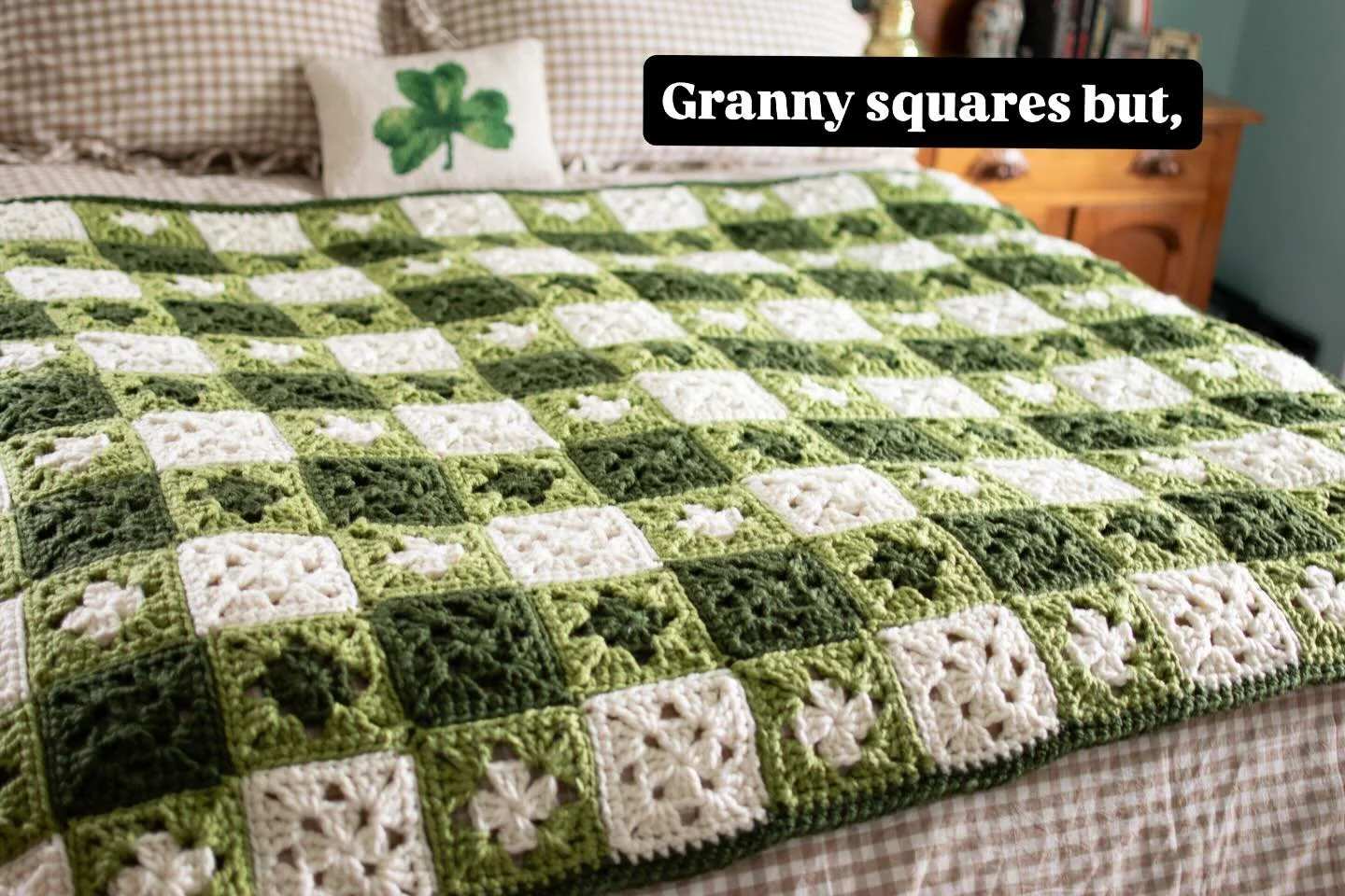 The Clover Throw:

a simple granny square blanket that comes together quickly in bulky yarn, creating a fresh gingham inspired design in layered shades of green. It&rsquo;s warm, bright, and cozy. The classic granny motif subtly forms the silhouette 