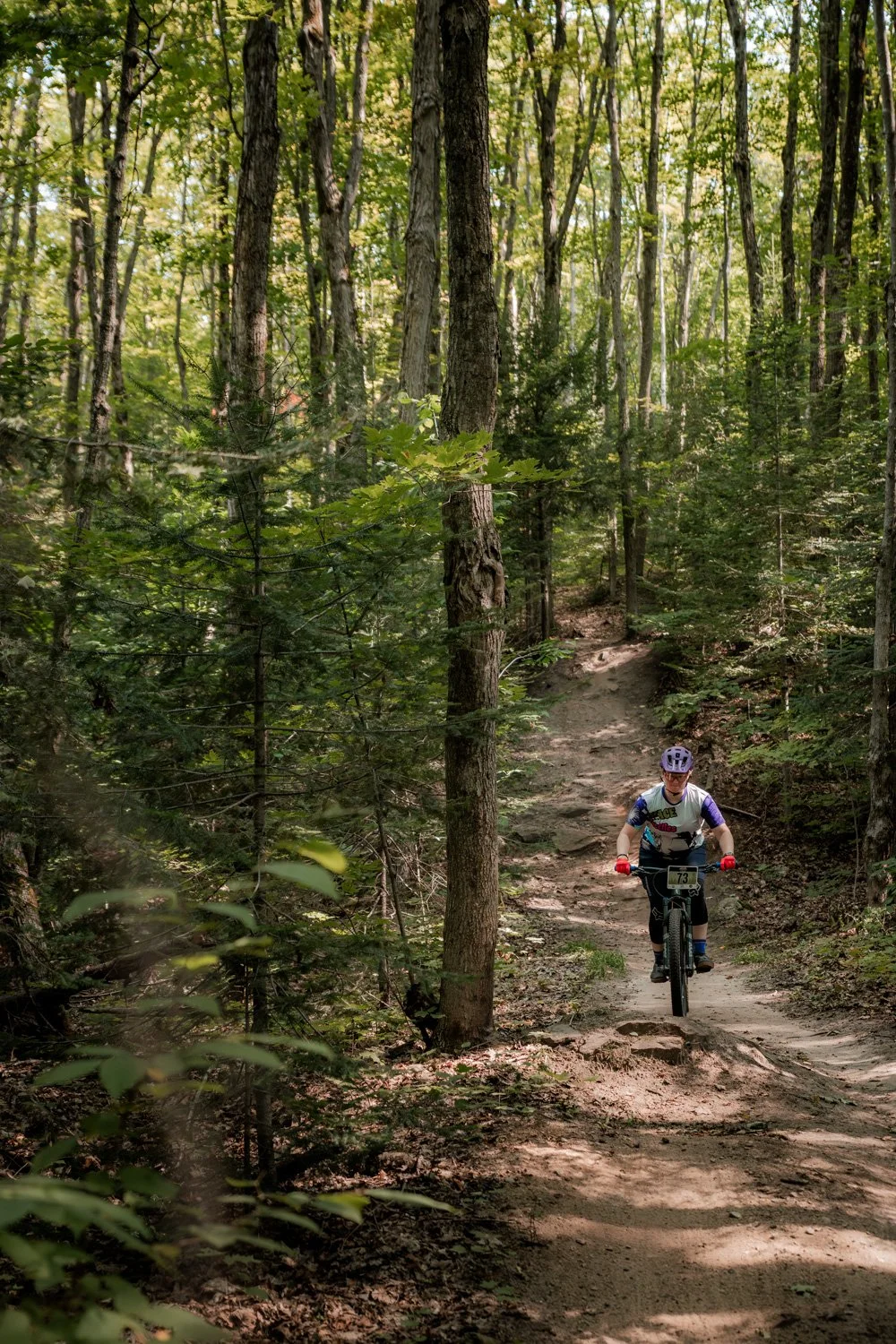 A person riding a mountain bike along a dirt trail in a forest with tall trees and green foliage.