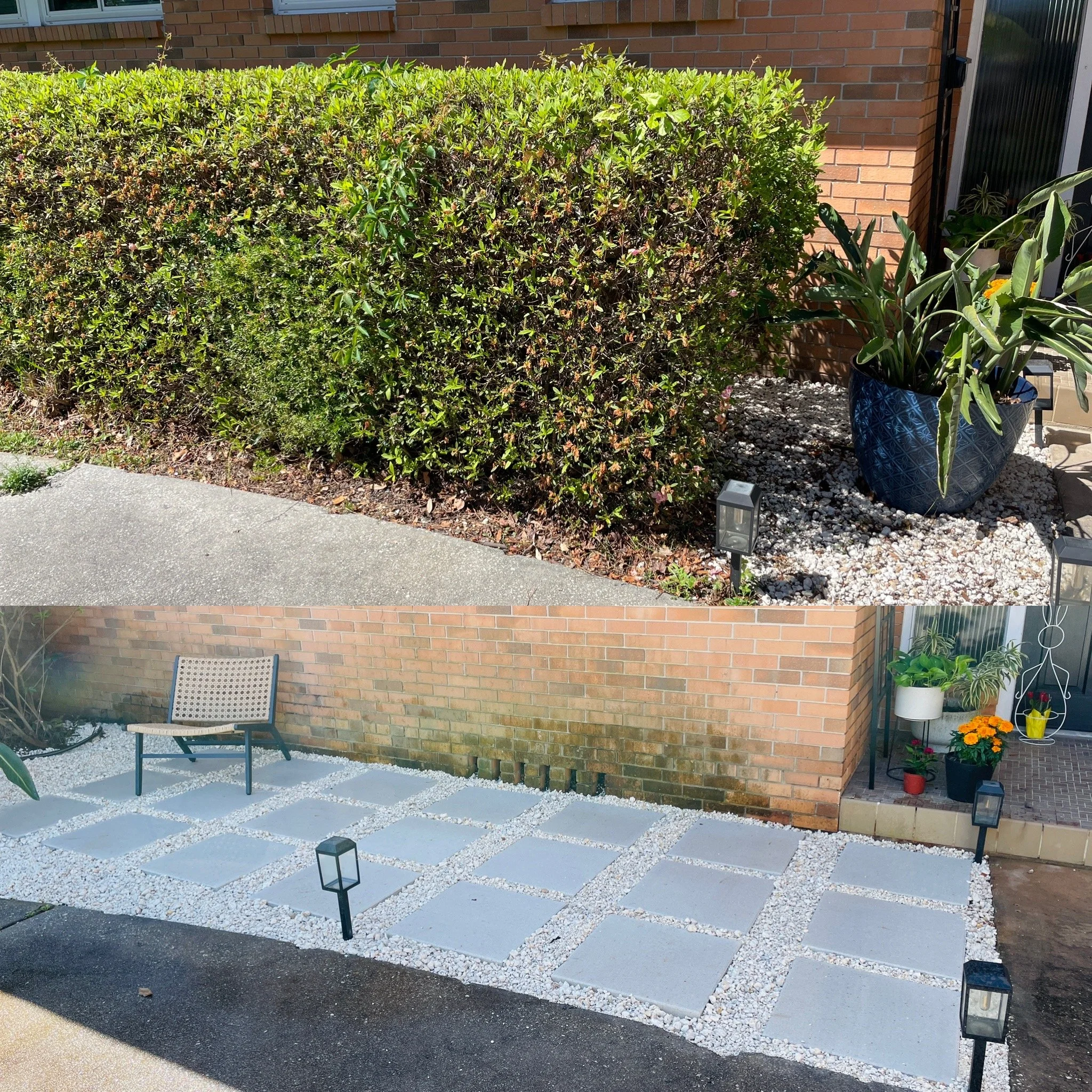 Comparison of a garden before and after landscaping. Top shows overgrown bushes with a brick wall background and large potted plant, while bottom displays a clean, paved outdoor area with a bench, small pathway, potted plants, and garden lights.