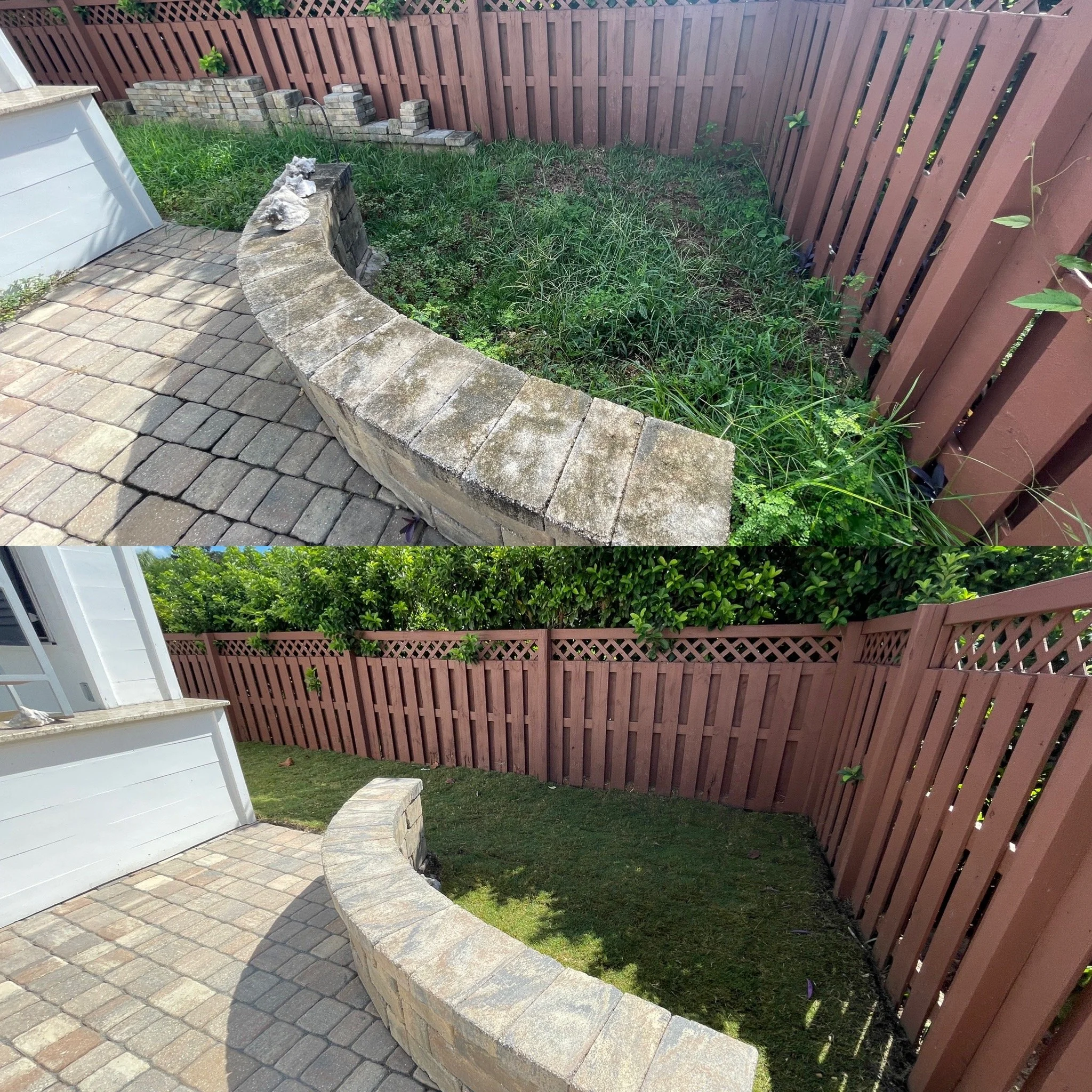 Comparison of a backyard with overgrown grass and weeds in the top image, and neatly trimmed grass in the bottom image, both enclosed by a red wooden fence. The paved patio area remains the same in both images.