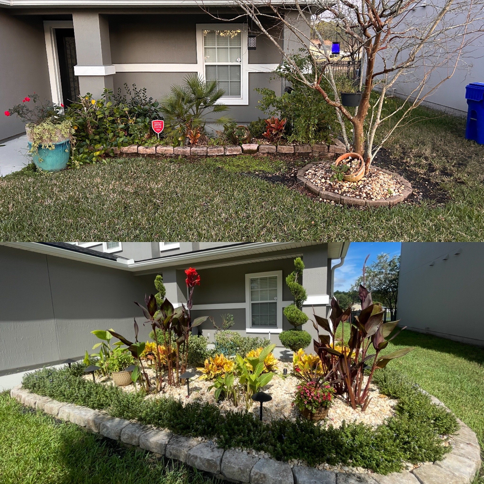 Comparison of a front yard before and after landscaping with new plants and garden bed. Top image shows an overgrown garden with a tree, shrubs, and flowers, while the bottom image displays a neatly landscaped garden with trimmed plants, decorative stones, and a stone border.