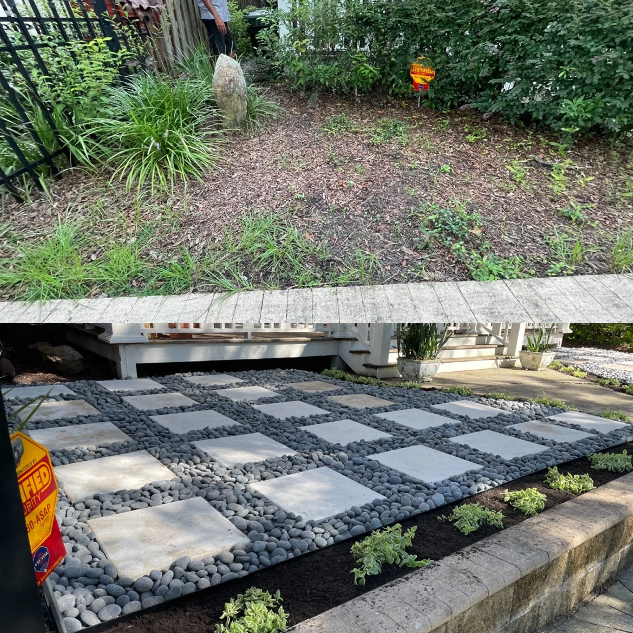 Comparison of a yard before and after landscaping. The top shows a patch of bare soil and sparse plants, while the bottom shows a finished patio with large square stepping stones set in a bed of small black pebbles, surrounded by plants and a deck.