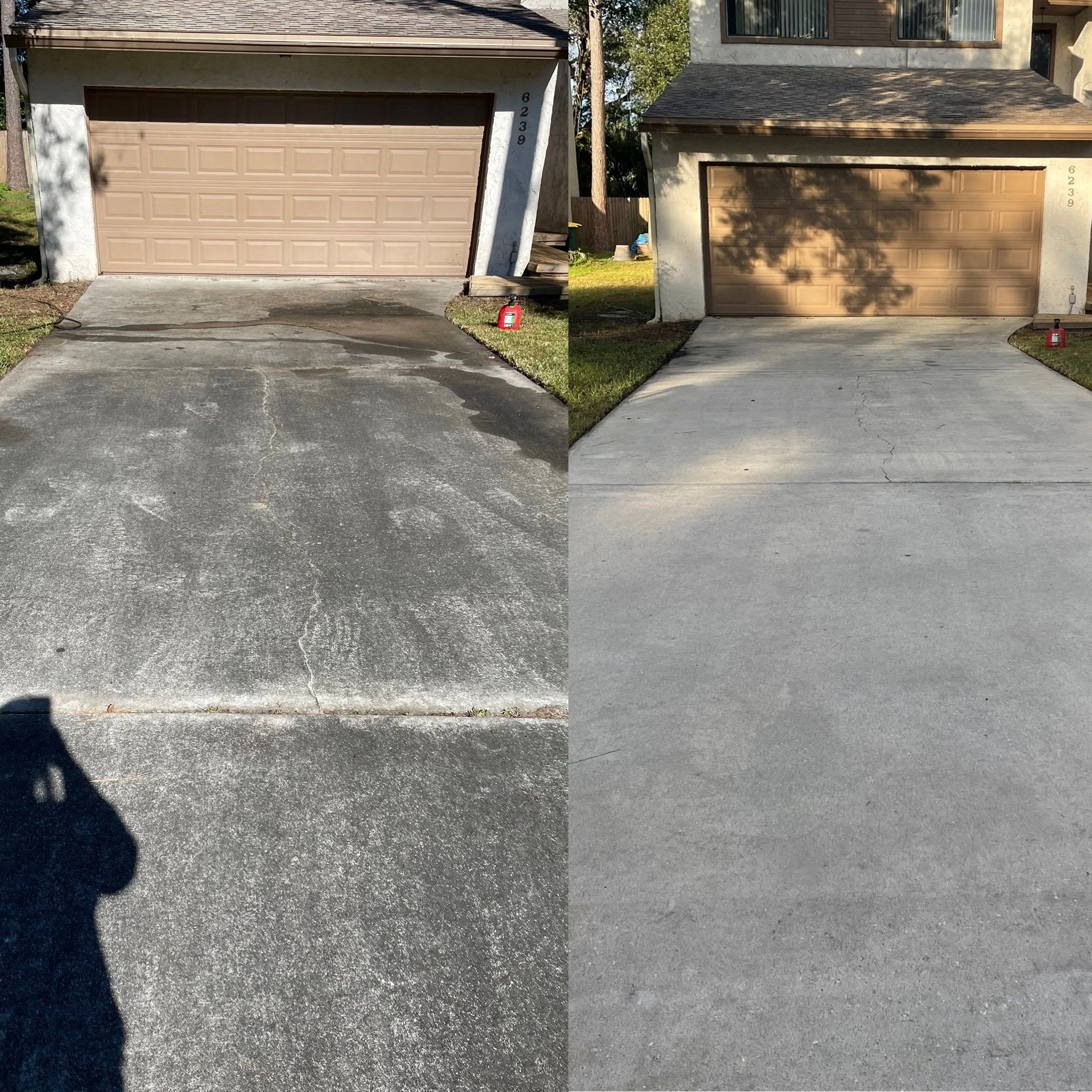 Side-by-side comparison of a driveway before and after cleaning. The left side shows a stained and dirty driveway with cracks, while the right side shows a clean, light-colored driveway with minimal cracks.