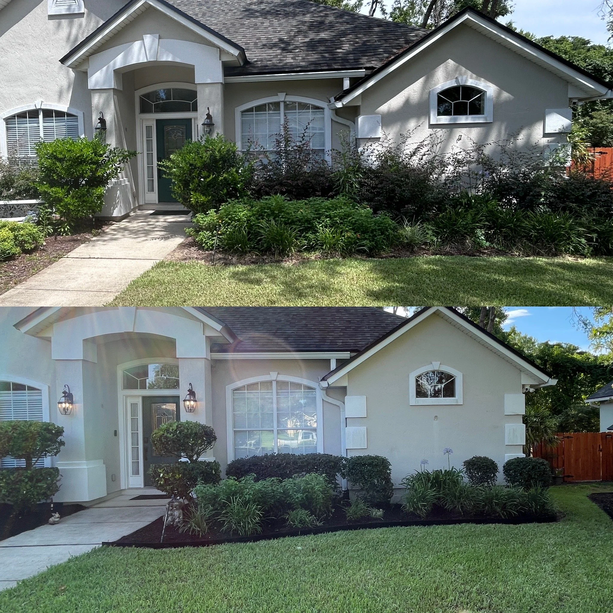 Side-by-side comparison of a house, with the top image showing the house before renovation with darker exterior walls and the bottom image showing the house after renovation with a lighter, freshly painted exterior. Both images display a well-maintained front yard with bushes, trees, and a sidewalk leading to the front door.