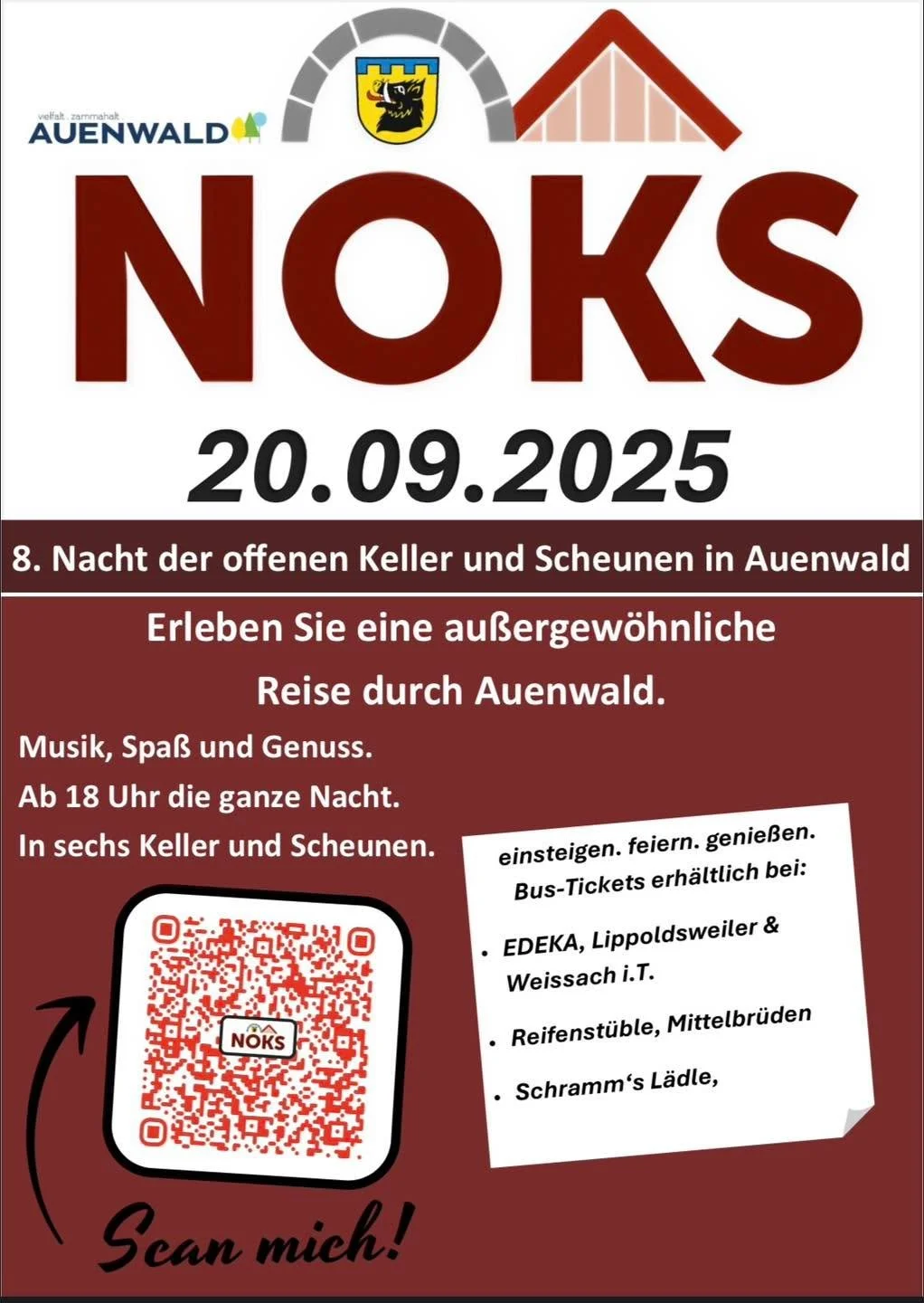 ✨🍷 8. Nacht der offenen Keller & Scheunen 🍻🎶
📍 Auenwald
📅 20.09.2025 | ab 18 Uhr – die ganze Nacht!
Mach dich bereit für:
✨ 6 Keller & Scheunen voller Stimmung
✨ Musik, Drinks & Food den ganzen Abend
🎟️ Tickets gibt&rsq