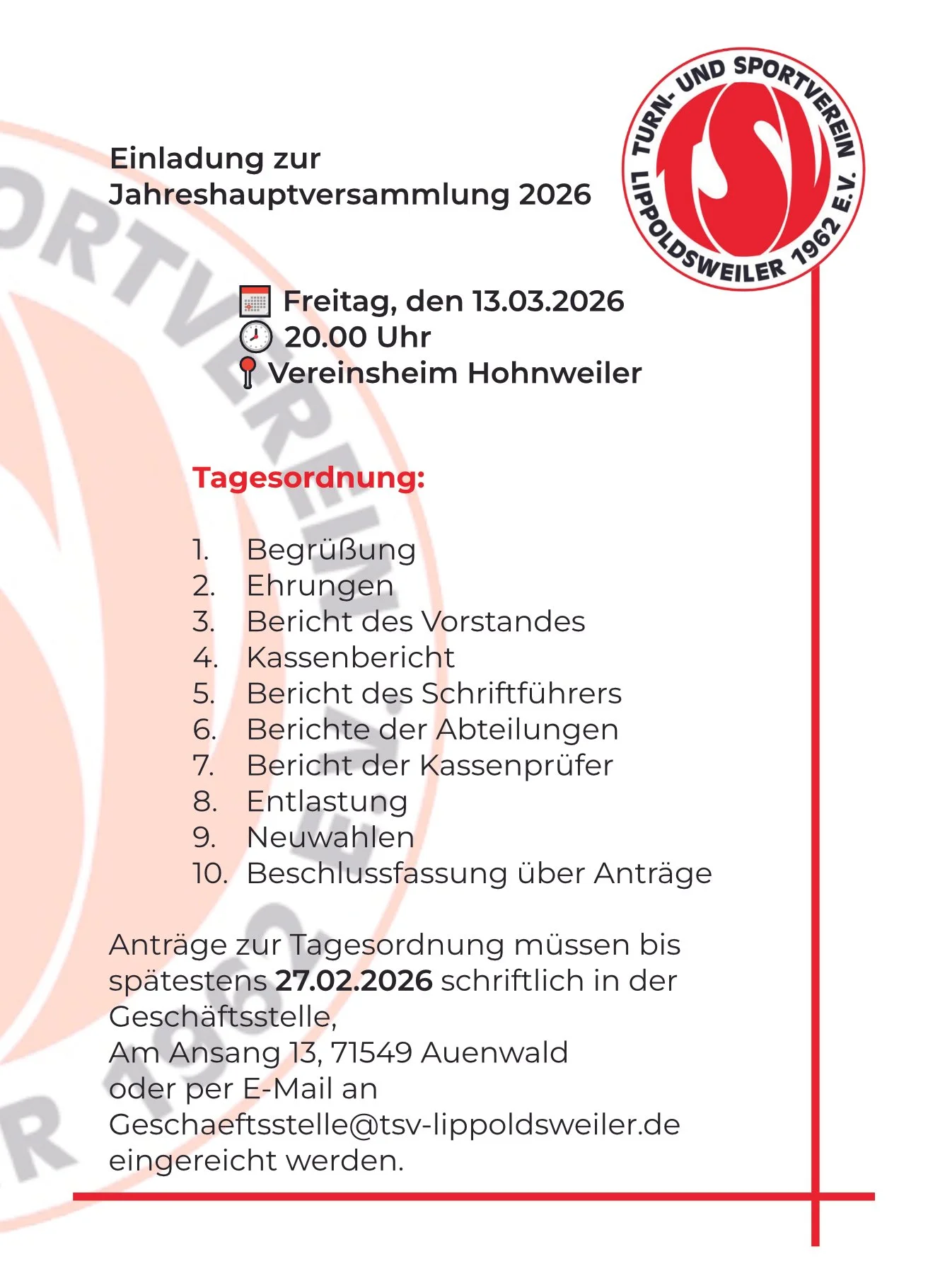 Herzliche Einladung zur Jahreshauptversammlung 2026
