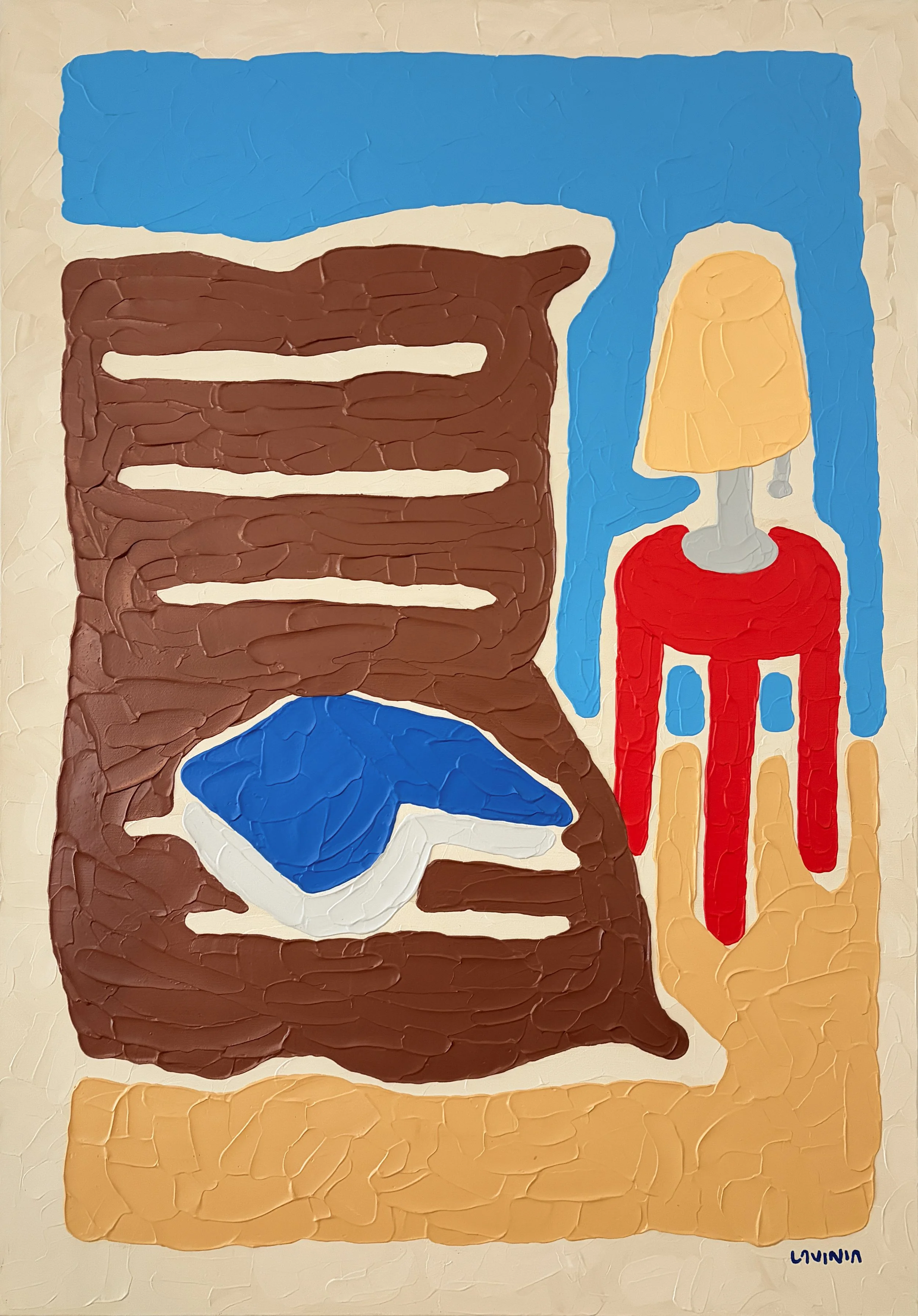 Abstract painting with a brown striped pattern, blue shapes, a red chair, and a yellow lampshade against a cream background.
