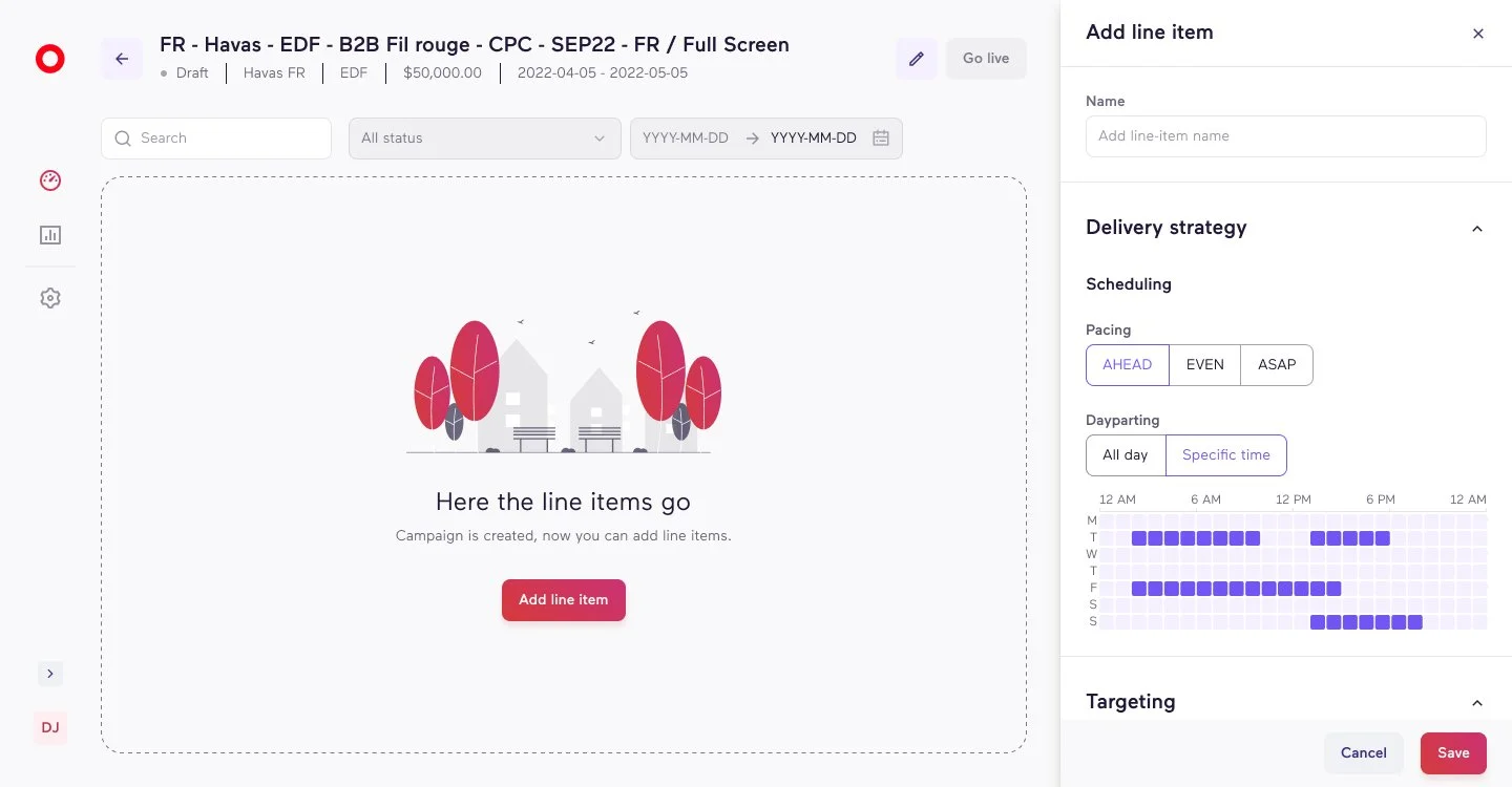 Sidepanel : Add line-item (sub-setup of a campaign) - Delivery strategy: Scheduling
