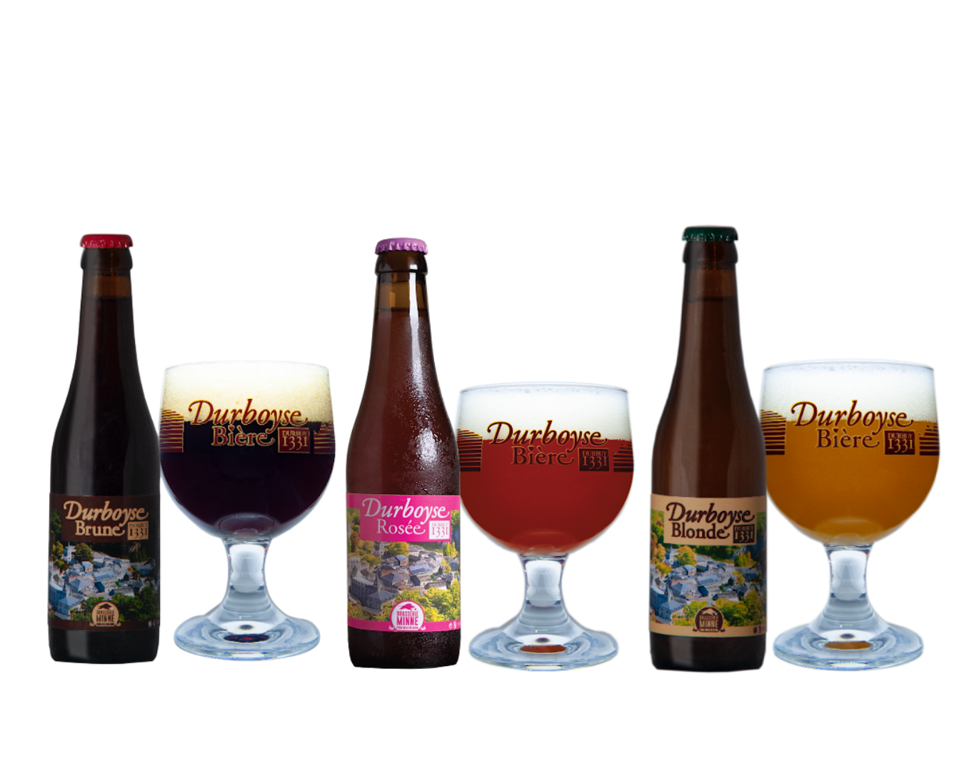 Gamme de cinq bières Durboyse avec des verres remplis, variée en couleurs, présentation alignée.