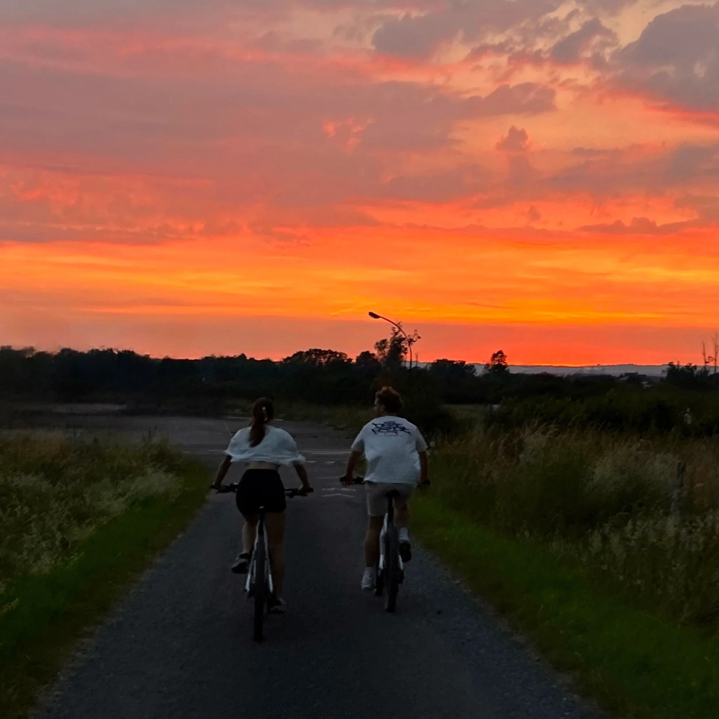 Deux personnes marchent ou courent sur un chemin lors d'un coucher de soleil avec un ciel coloré d'orange, de rose et de violet. La scène est en plein air, entourée de végétation et d'arbres, avec une silhouette d'arbre ou de lampadaire visible au loin.