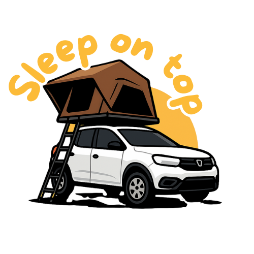 une illustration d'une voiture blanche avec une tente de camping orange sur le toit, une échelle à côté, avec le texte 'Sleep on top' en jaune.