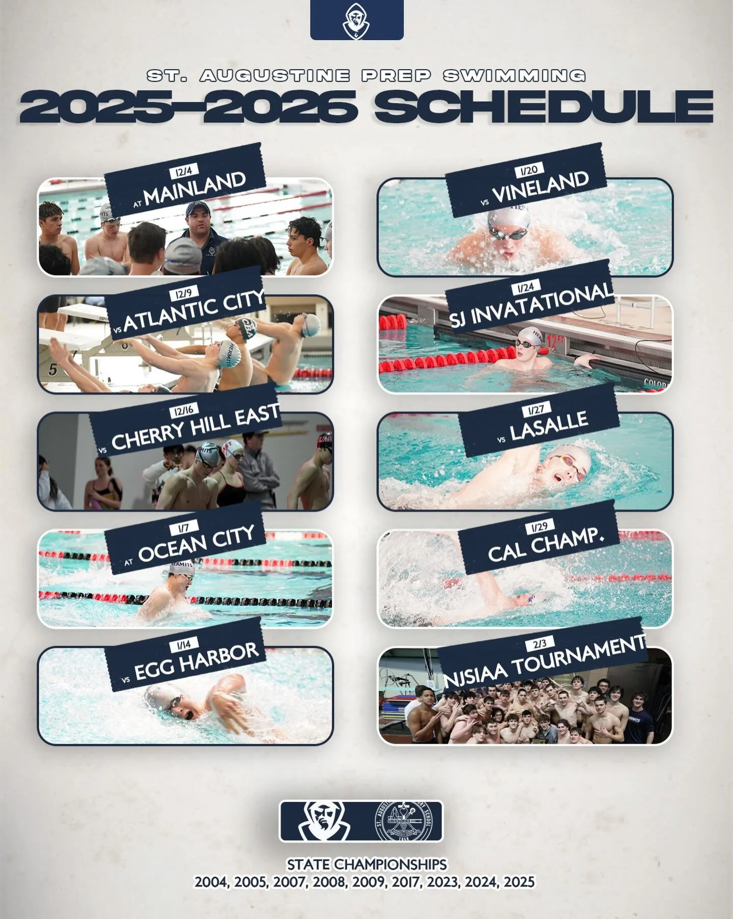 Swimming starts their quest for their 4th straight state championship (and 10th overall) today!

Check out their full schedule here