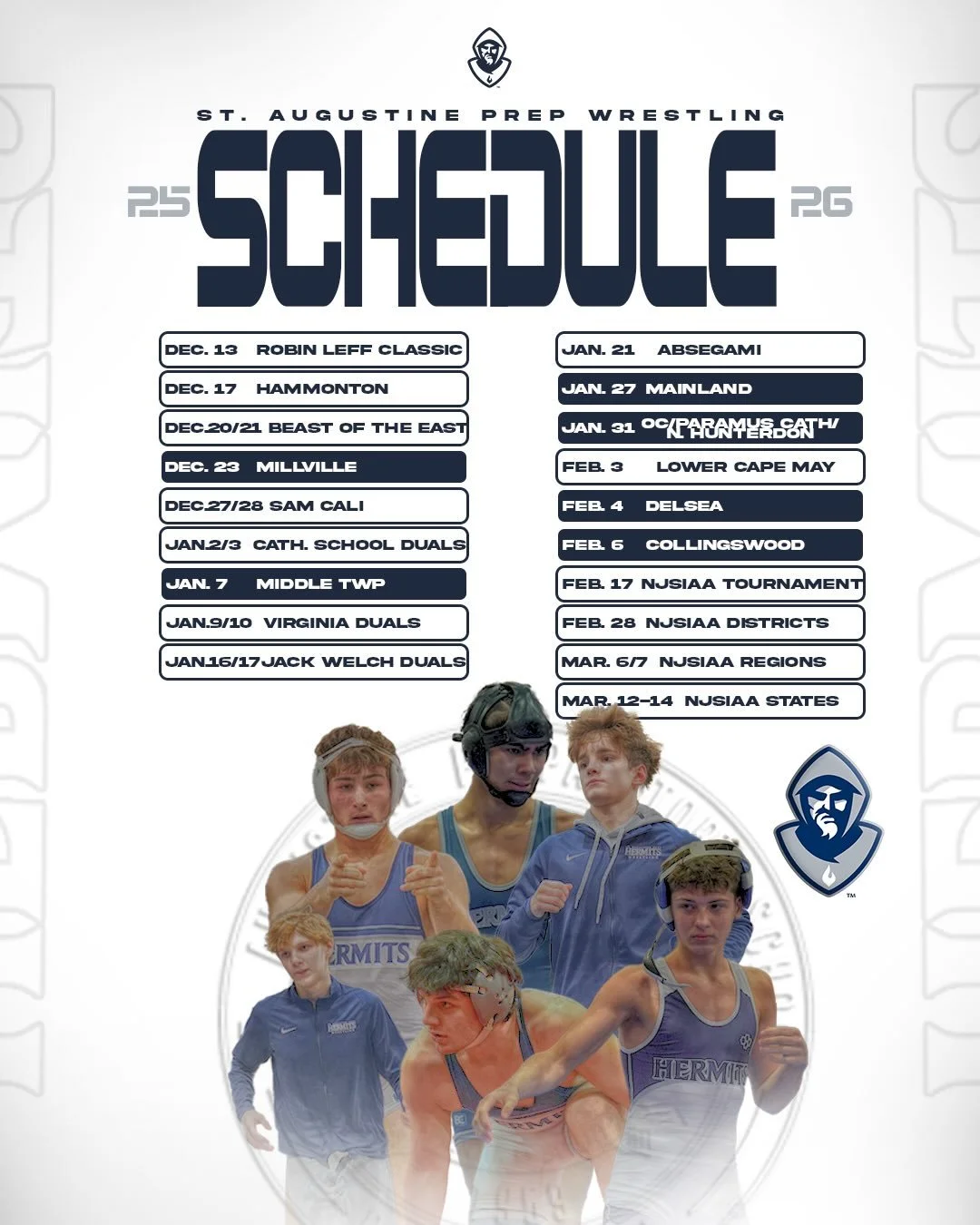 Here is the @hermits_wrestling 2025-2026 schedule!

2nd graphic credit: Kenny Taylor &lsquo;28