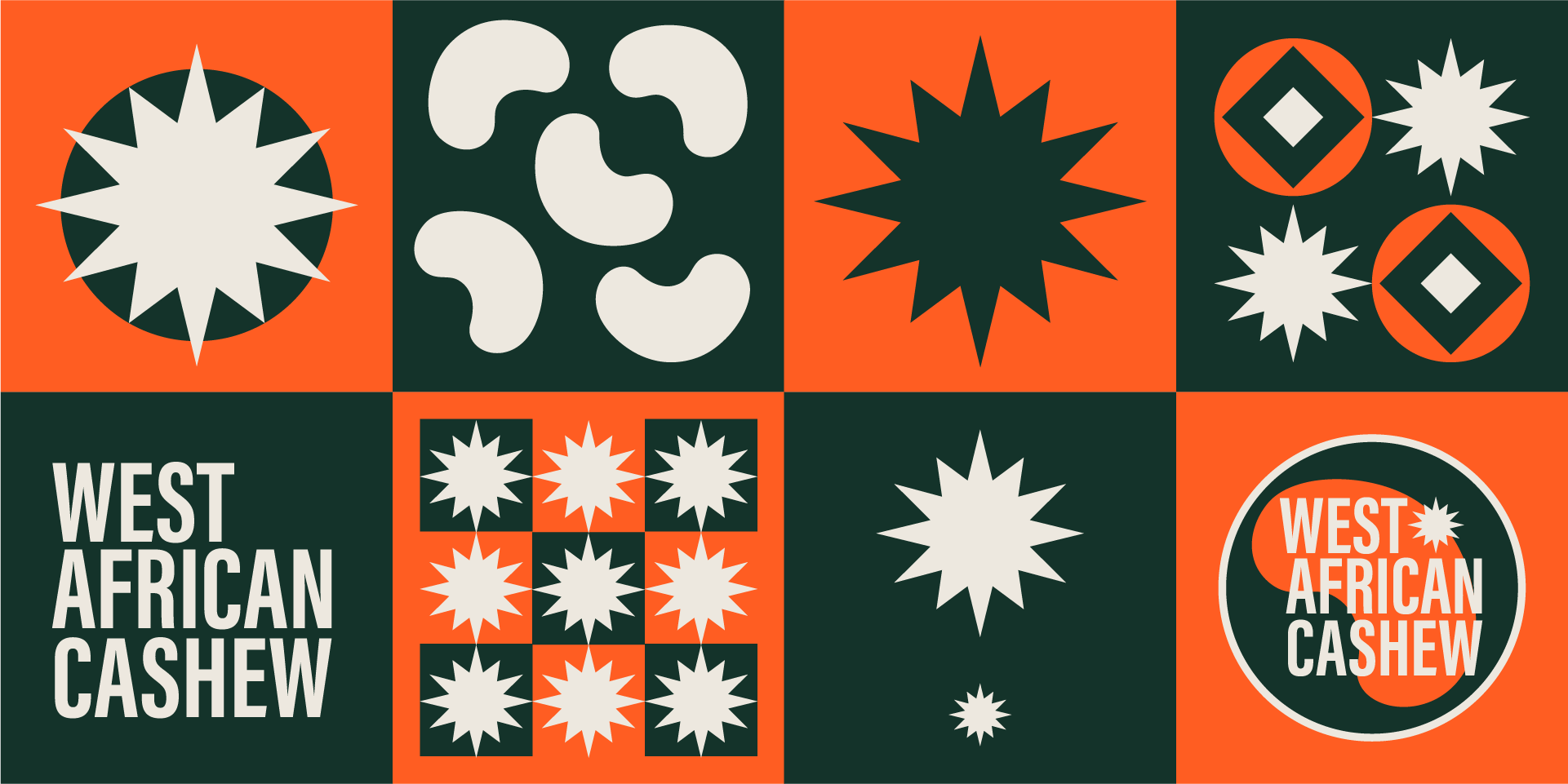 Bright geometric pattern featuring stars and abstract shapes in orange, black, white, and dark green, with the words "West African Cashew" displayed in various areas.