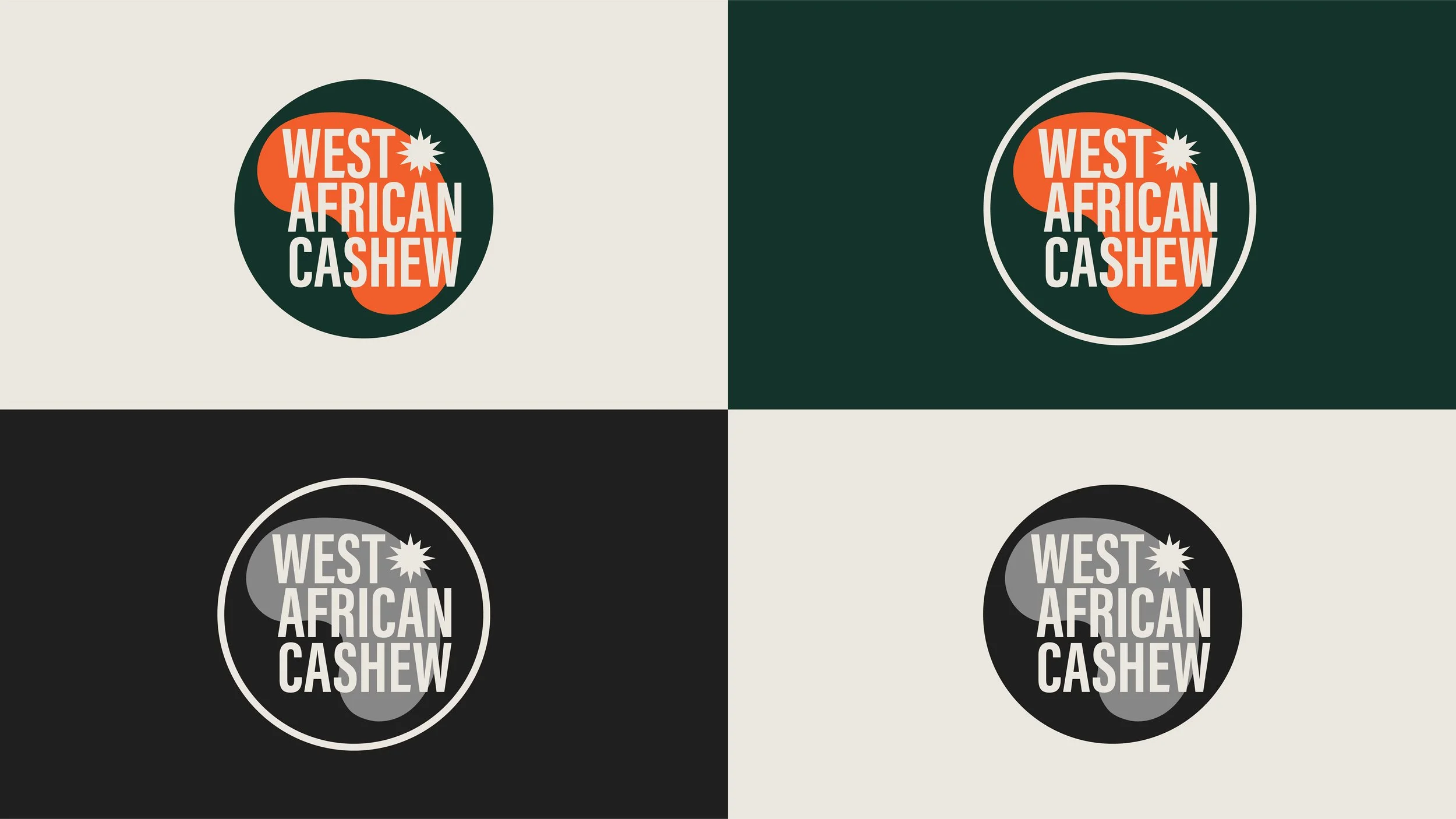 Four variations of a circular logo for 'West African Cashew' with different background and color styles.
