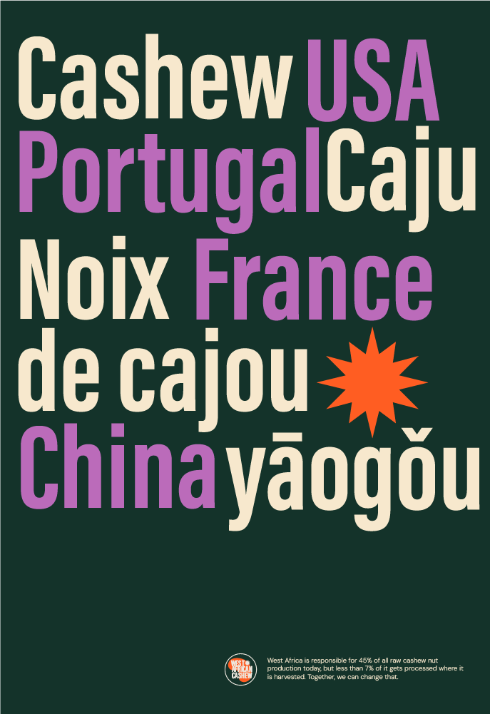 Word cloud featuring country and region names such as Cashew, USA, Portugal, Caju, Noix, France, de cajou, China, YAOGOU in purple and white on a dark background. An orange starburst icon appears near the text.