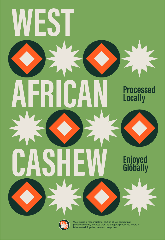 Green poster promoting West African cashew nuts with white and orange geometric designs. Text highlights locally processed and globally enjoyed cashews, emphasizing West Africa's role in production.